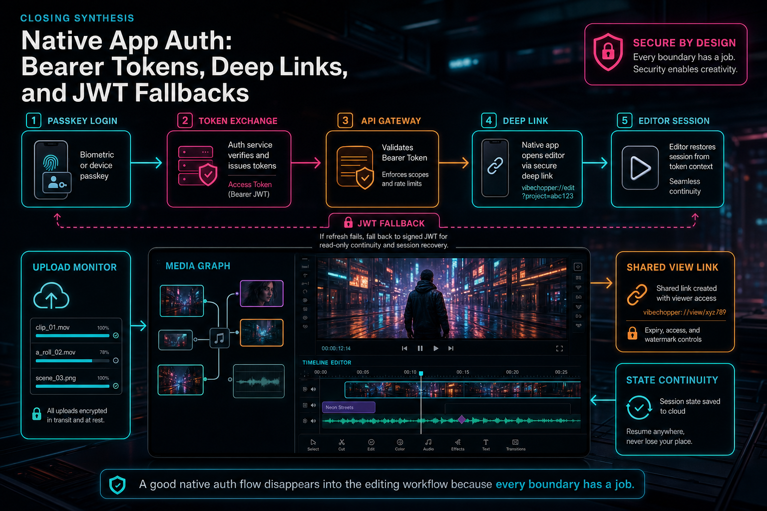 A complete secure native editing loop with passkeys, bearer tokens, deep links, media state, and timeline continuity.