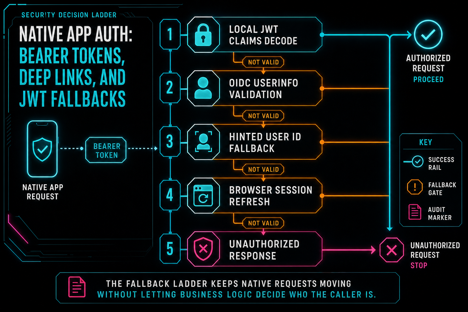 JWT fallback ladder showing local claims decode, OIDC userinfo lookup, hinted user id fallback, and browser session fallback.