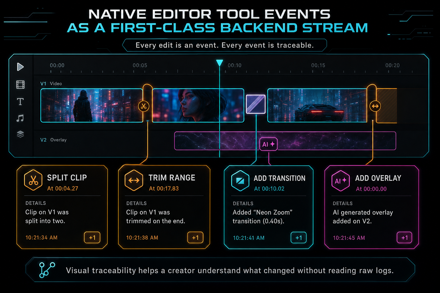 A VibeChopper product callout with timeline edits linked to event cards.
