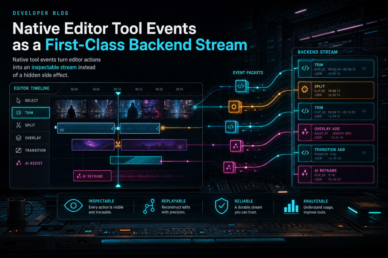 A dark VibeChopper editor console showing timeline tool events flowing into a backend stream.
