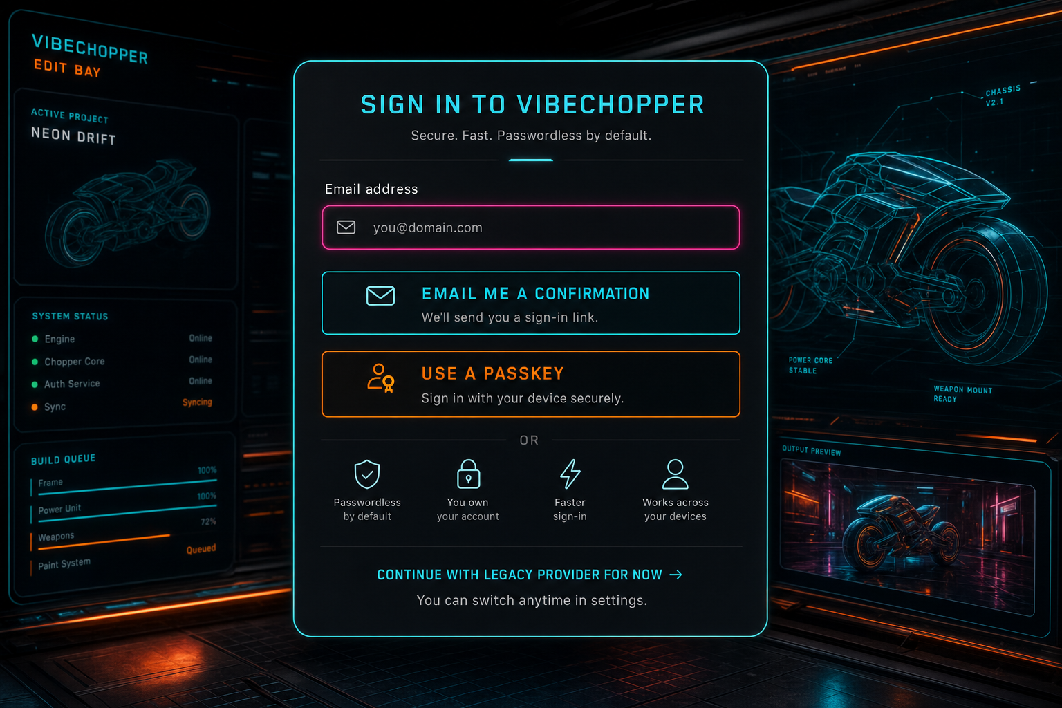 A product UI callout of the VibeChopper sign-in dialog with email confirmation and passkey options.