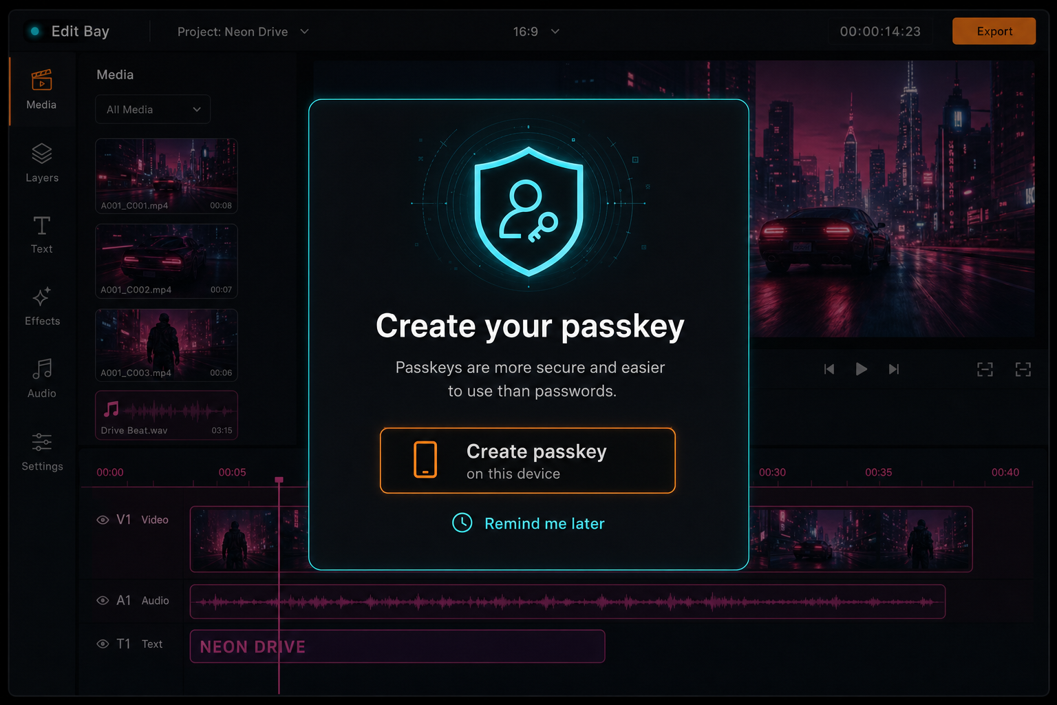A VibeChopper passkey registration prompt asking the signed-in user to create a passkey on this device.