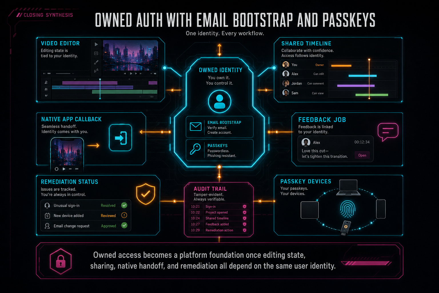 A synthesis visual showing owned auth connected to editing, sharing, native apps, feedback, and remediation.
