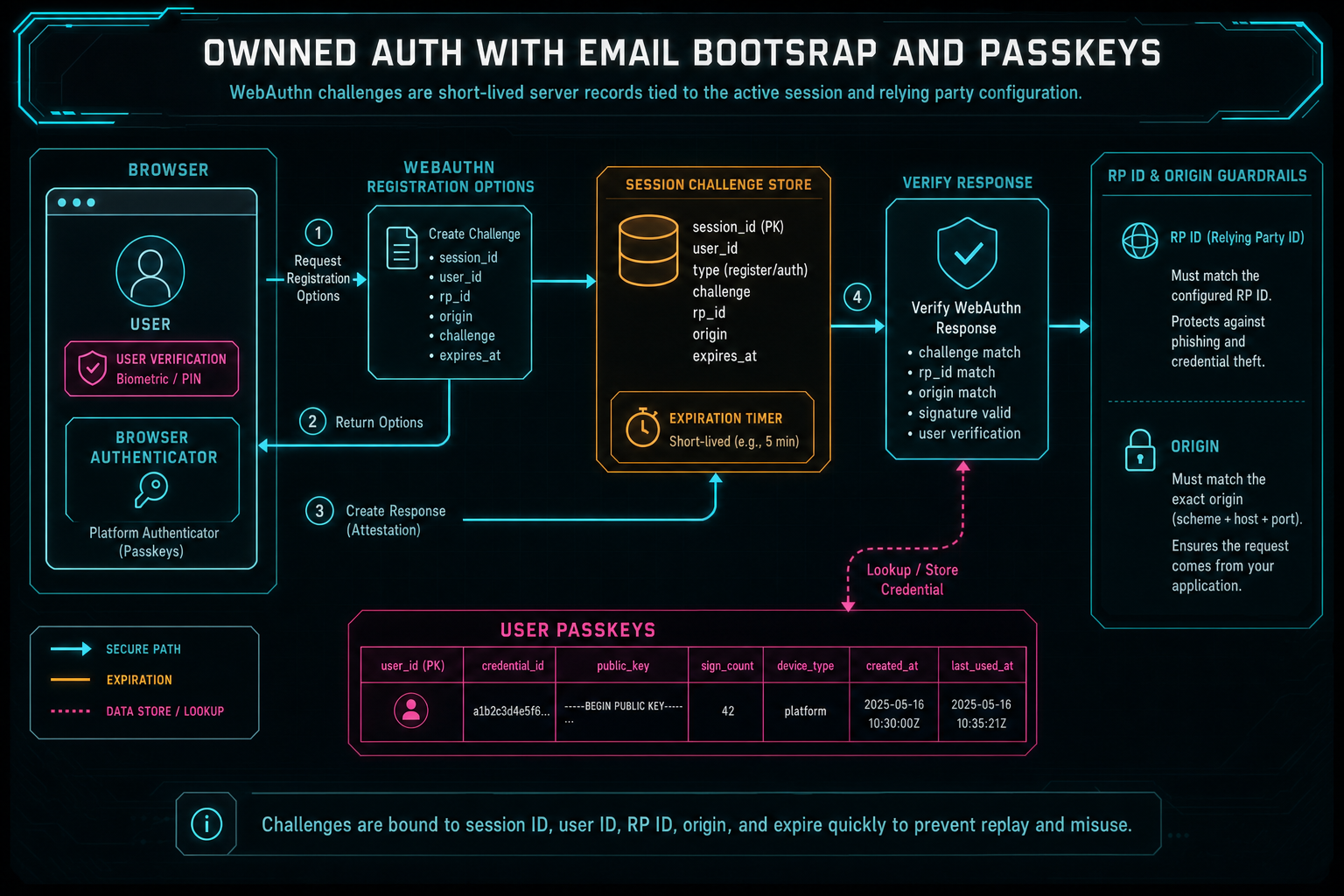 Architecture diagram showing WebAuthn registration and authentication challenges tied to session ID, user ID, RP ID, origin, and expiration.