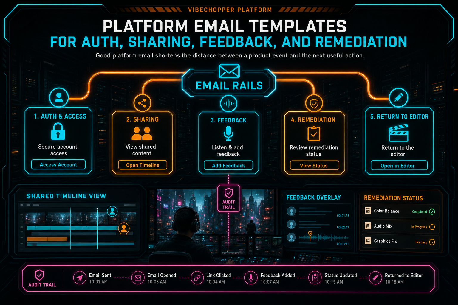 A synthesis visual of VibeChopper emails as rails connecting account access, collaboration, feedback, remediation status, and editor return links.