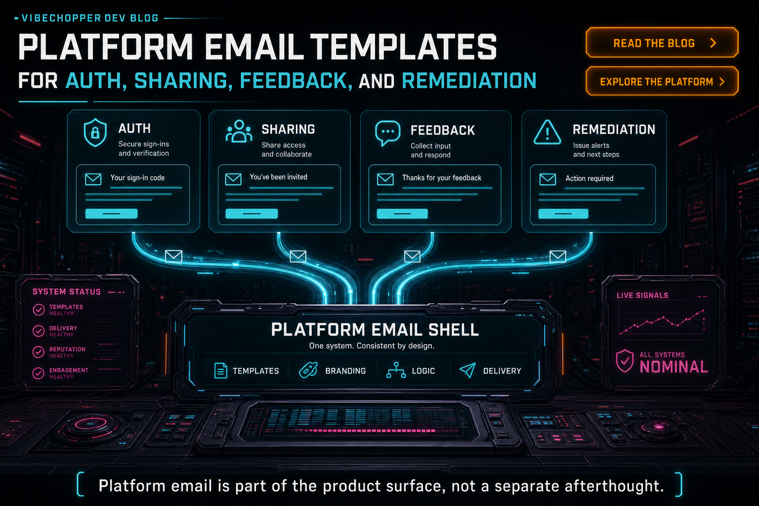 A dark VibeChopper operations console showing auth, sharing, feedback, and remediation emails flowing from one template system.