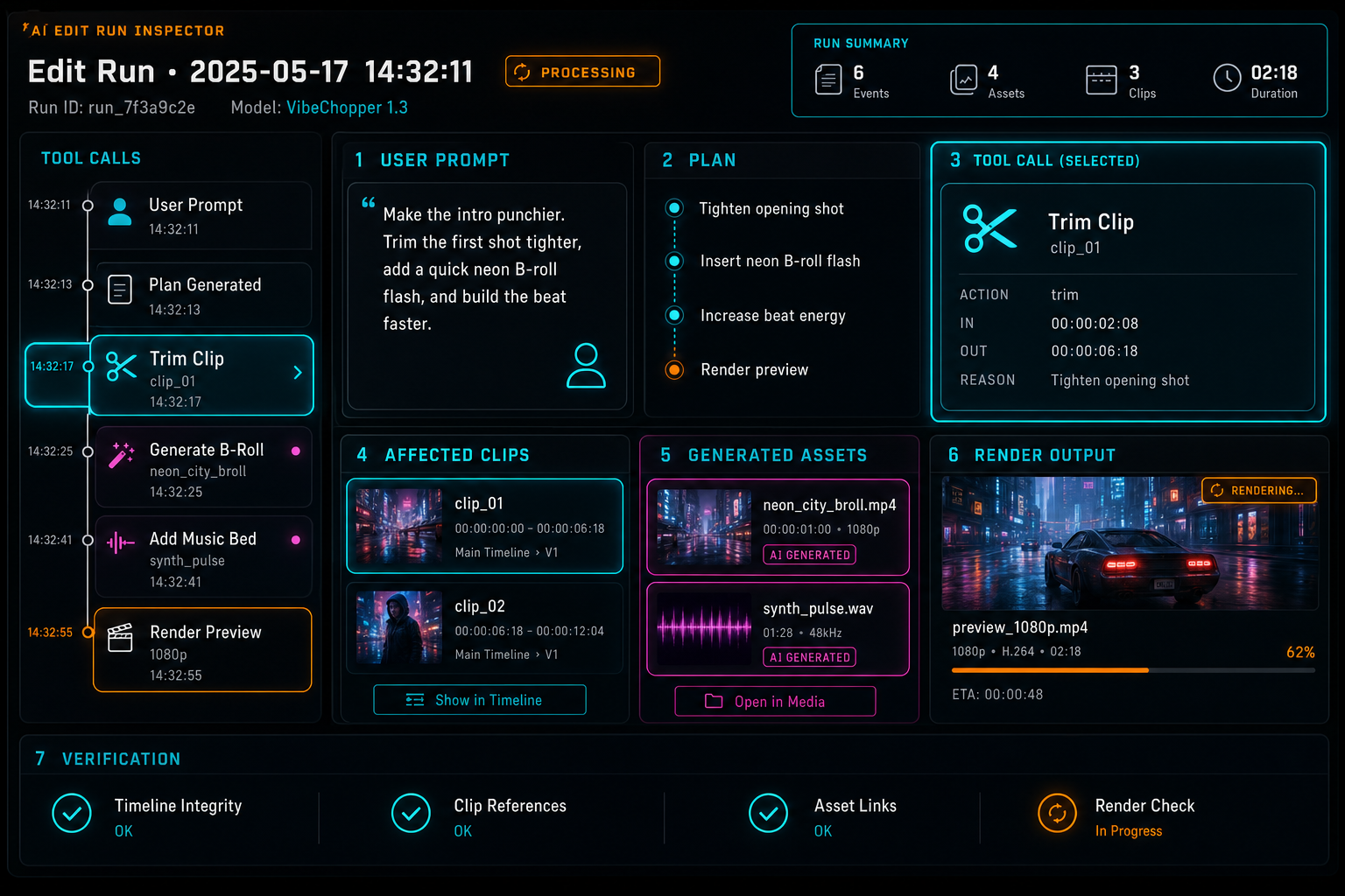 A VibeChopper product callout showing an AI edit run with prompt, plan, tool events, affected clips, generated assets, and render output.