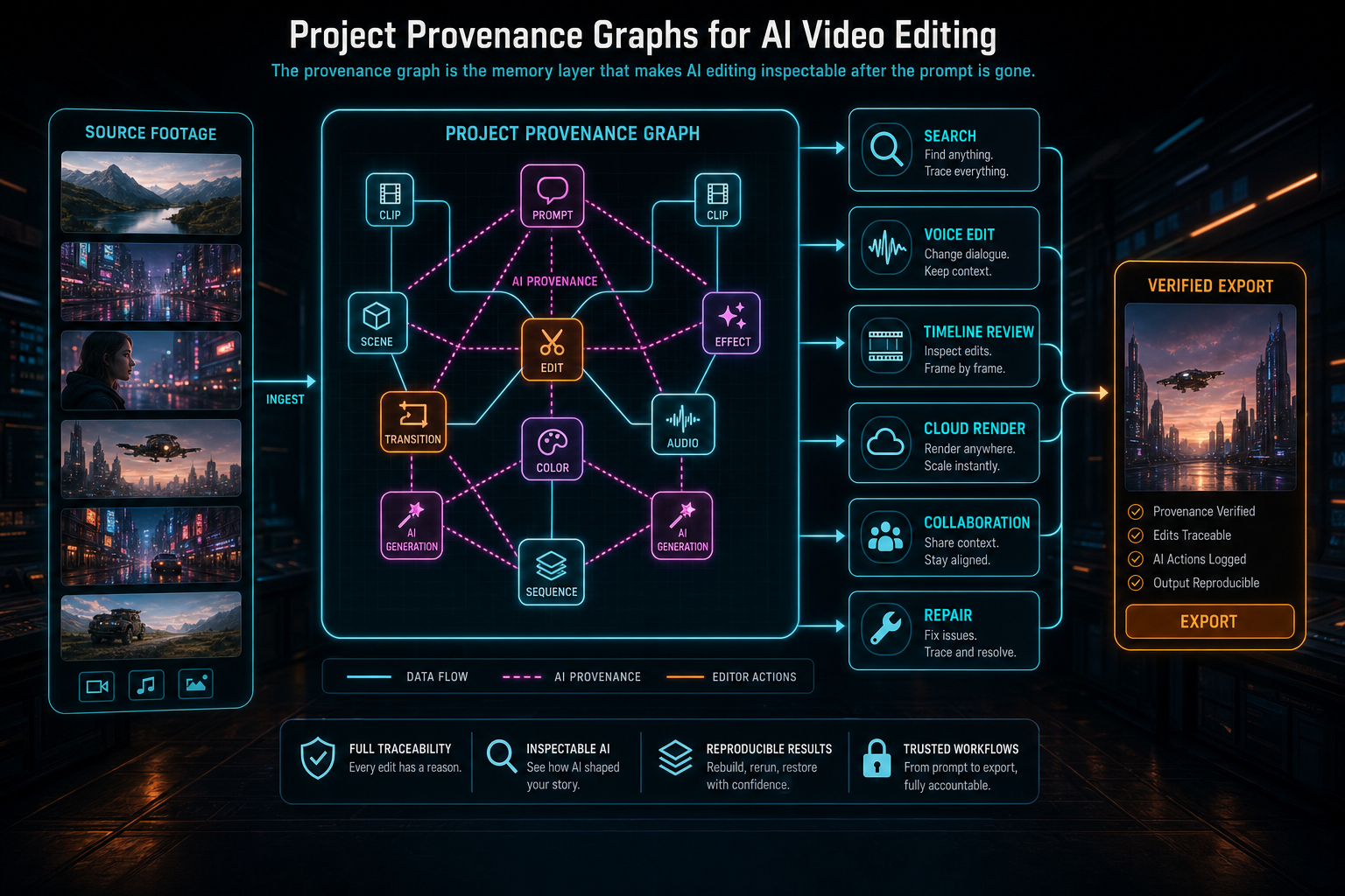 A complete VibeChopper AI editing system where the project provenance graph powers search, editing, rendering, review, collaboration, and repair.