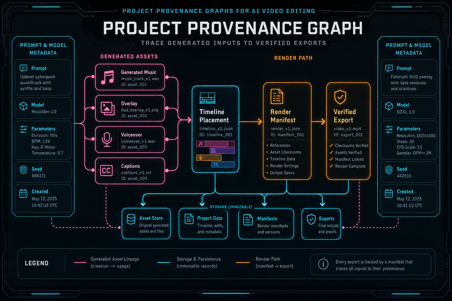 Data diagram connecting generated music, overlays, voiceover, captions, timeline placement, render manifest, and final export.