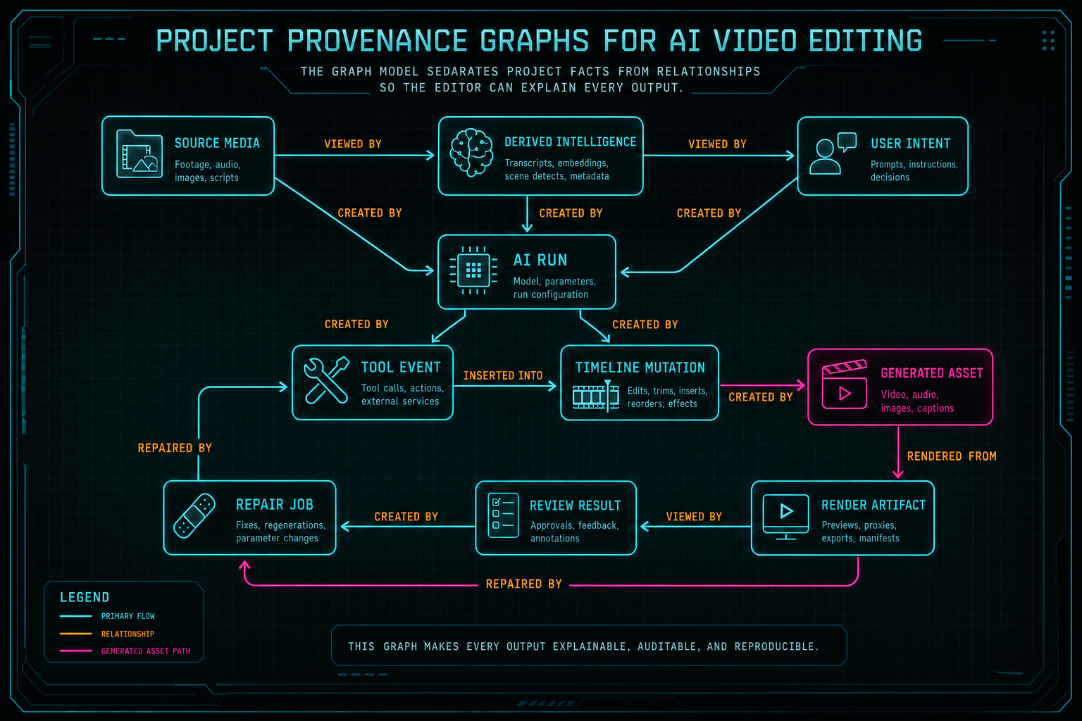 Architecture diagram showing node types and edge types in a project provenance graph for AI video editing.