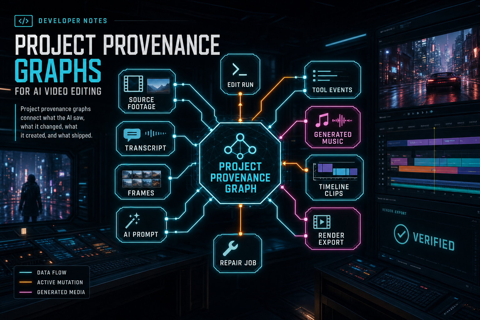 A dark VibeChopper project provenance graph connecting source clips, AI prompts, generated assets, timeline edits, and verified renders.