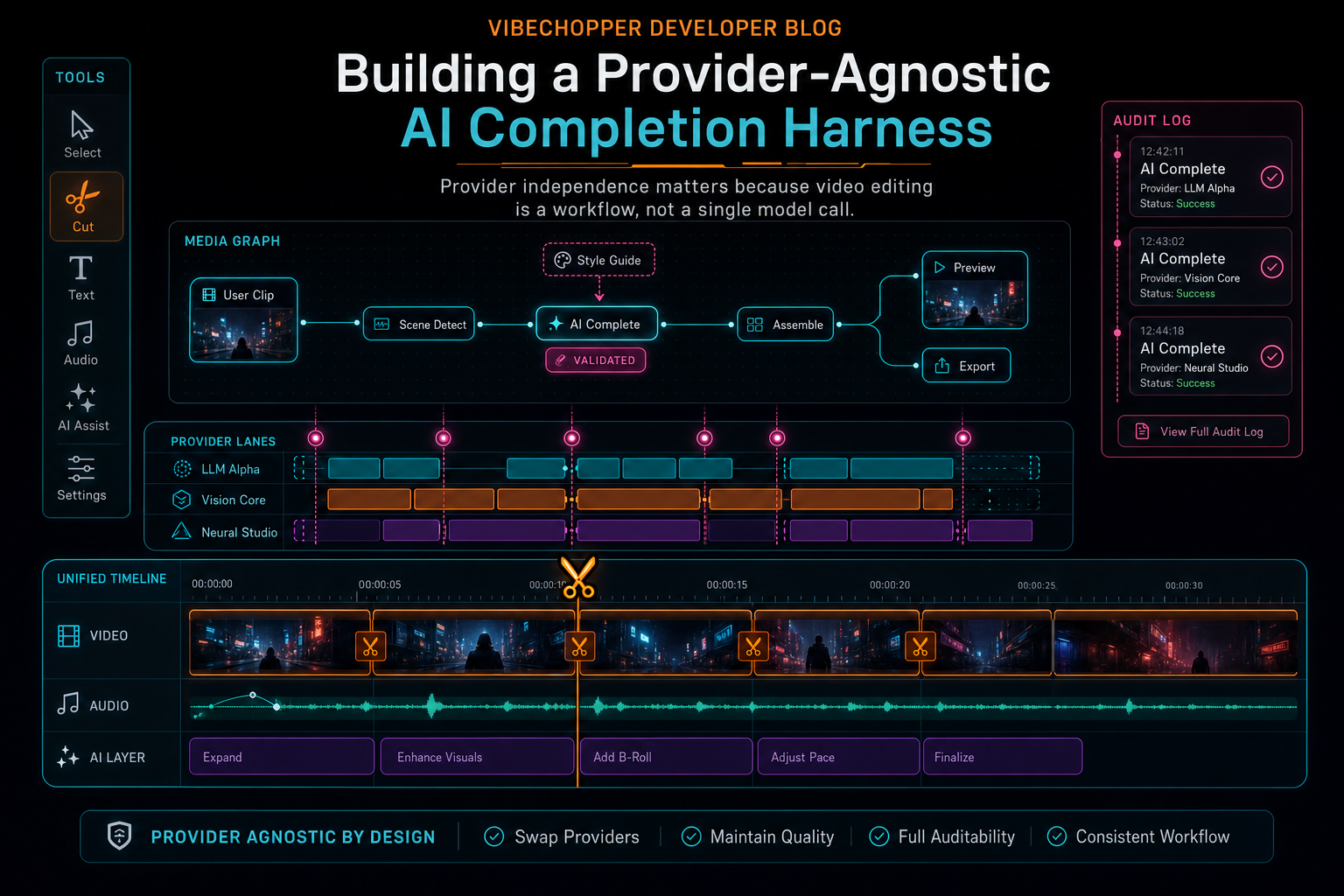 A unified VibeChopper timeline with provider lanes, audit logs, and editor tools aligned.