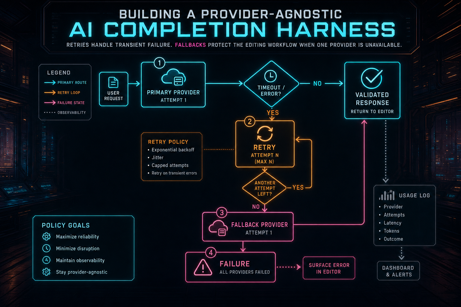Fallback and retry map for an AI completion harness.
