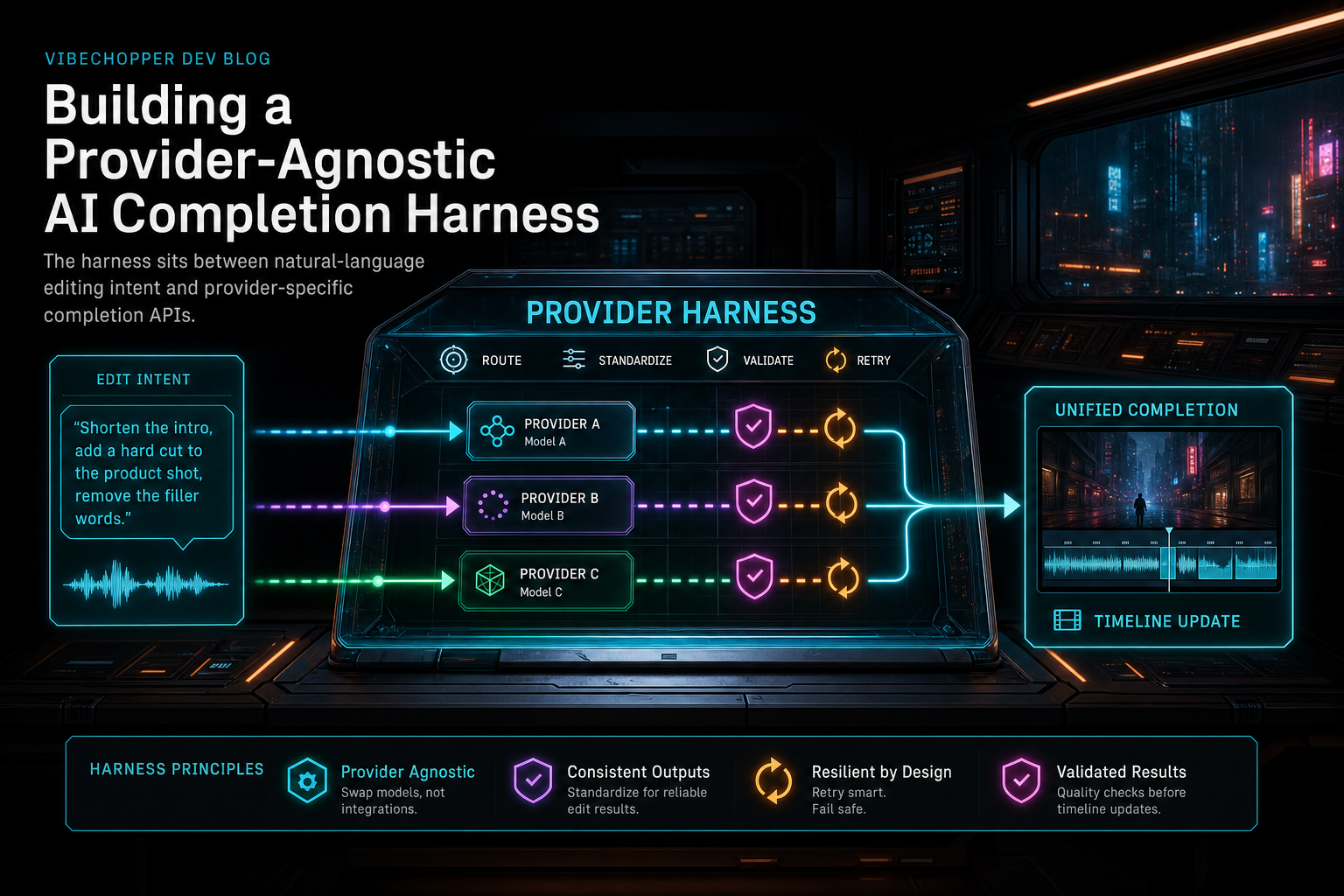 A dark VibeChopper AI operations console routing edit prompts across multiple model providers.