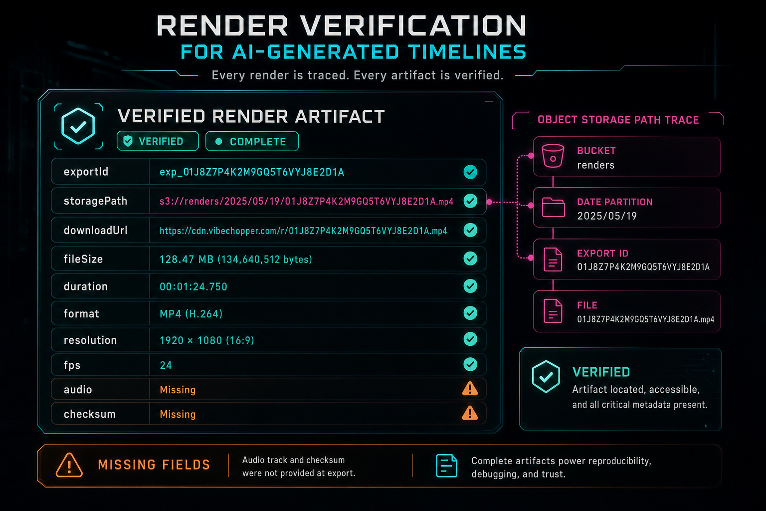 A product callout showing verified render artifact fields such as storage path, duration, format, file size, and download URL.