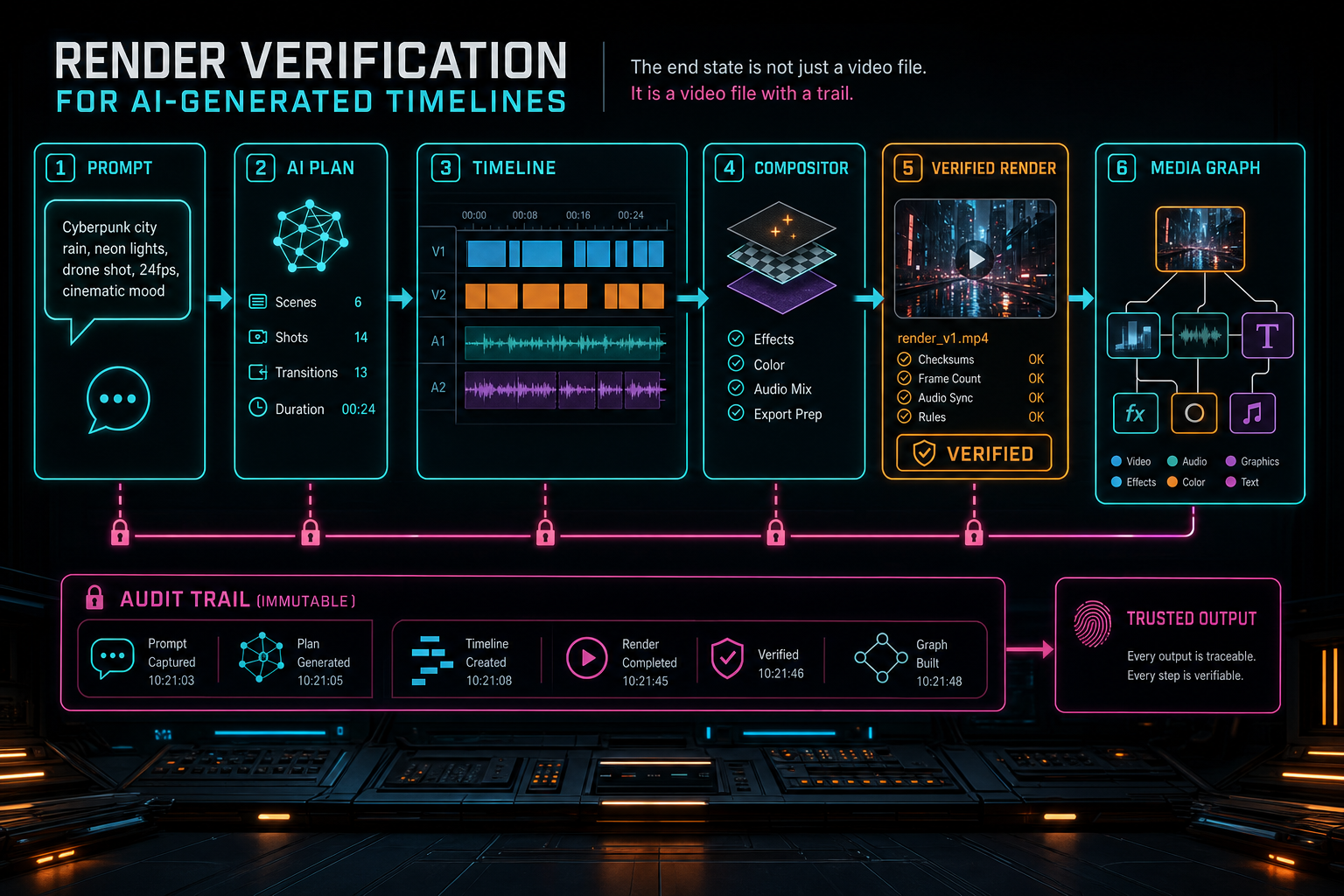 A complete VibeChopper production pipeline from prompt to timeline to verified render and media graph.