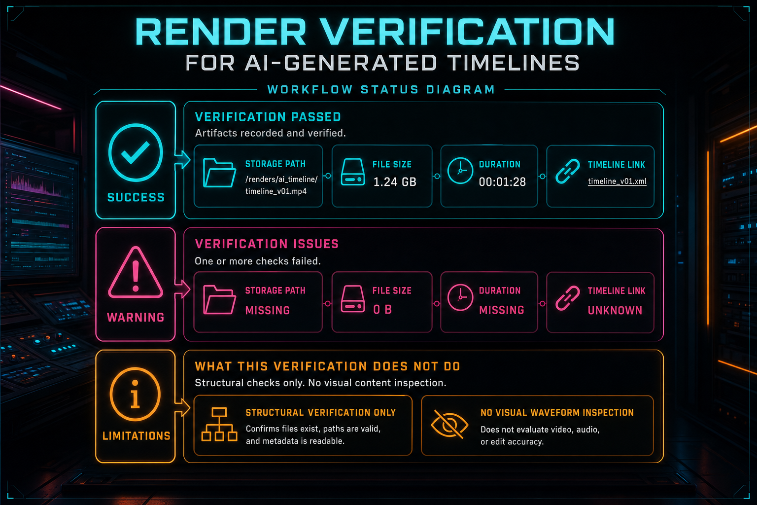 Status diagram showing verification blockers and limitations separated from successful artifact metadata.