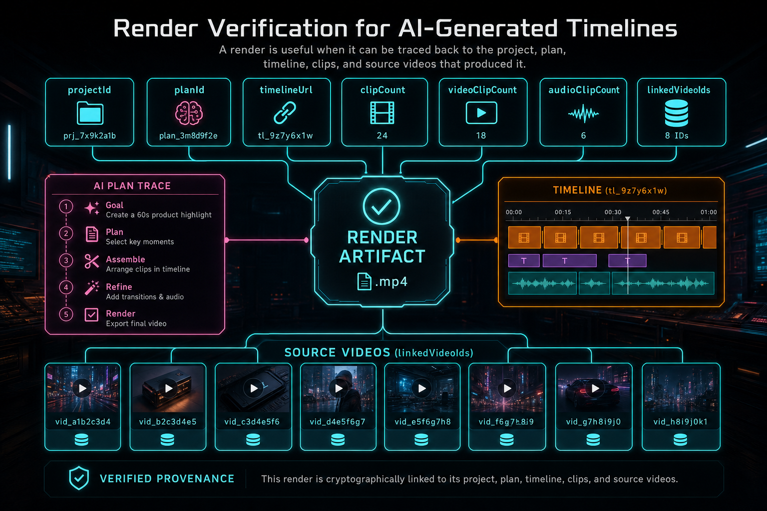 Data provenance diagram showing a verified render linked back to project ID, plan ID, timeline URL, clip count, and source video IDs.