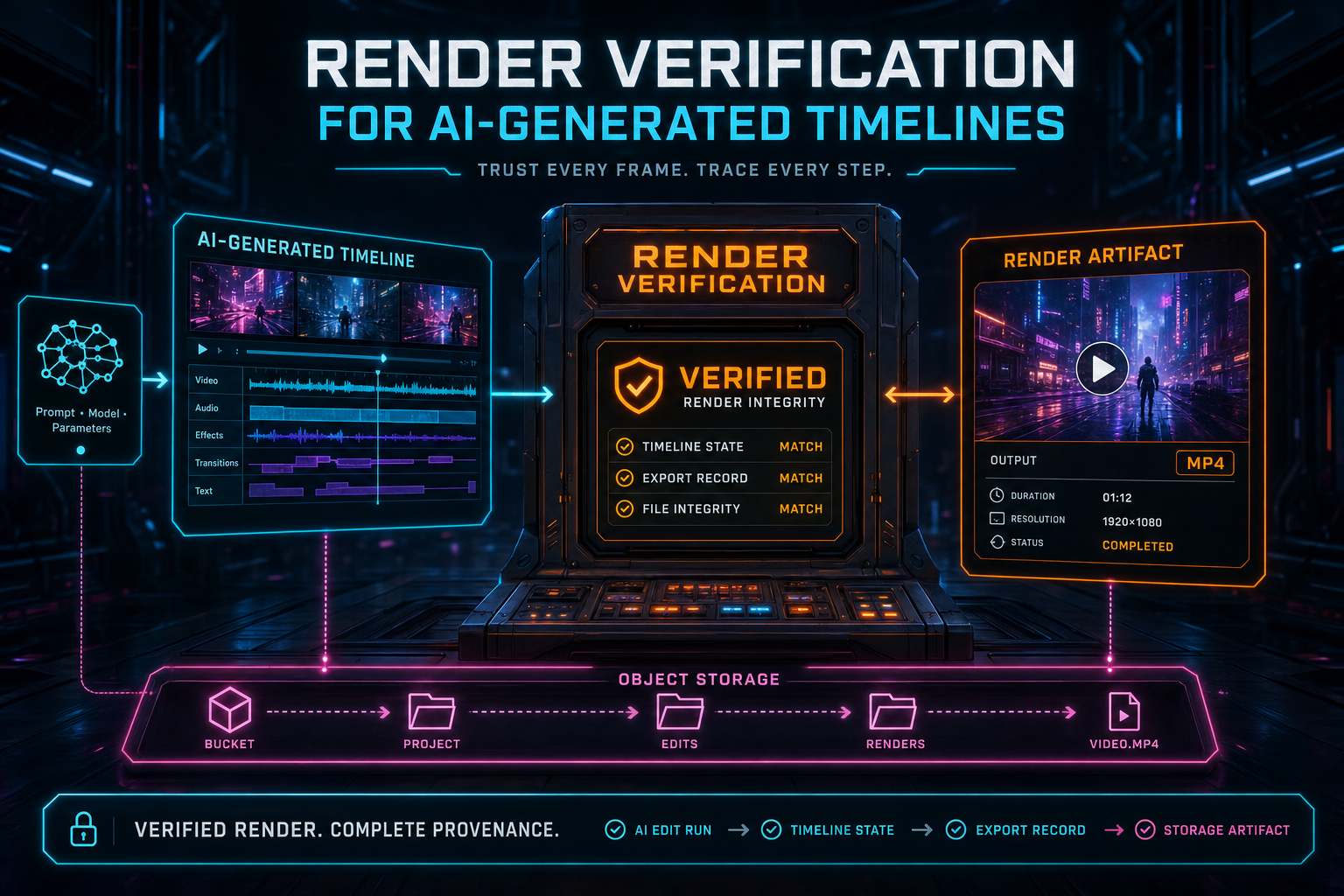 A dark VibeChopper render verification console connecting an AI timeline to a completed video artifact.