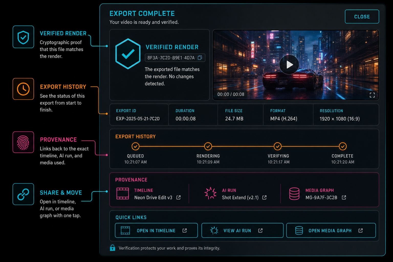 A VibeChopper export panel showing verified render metadata and links back to the source timeline.