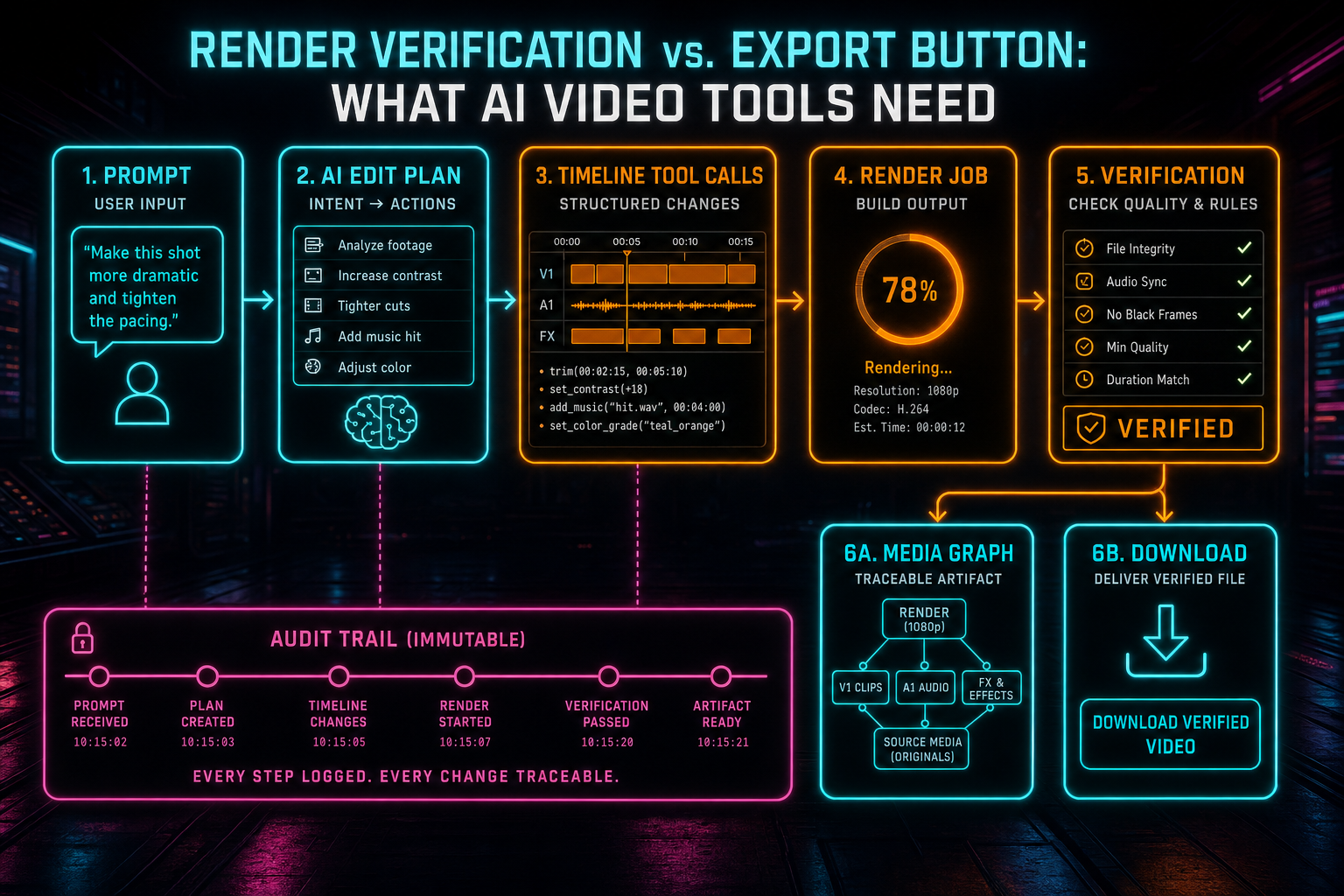 Workflow diagram showing an AI edit run connected to timeline changes, render job, verification, and media graph.