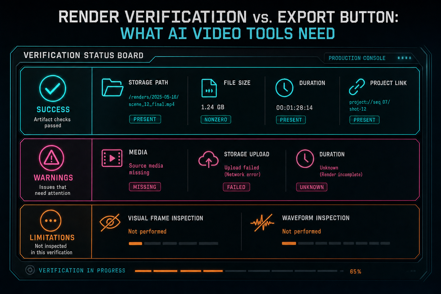 Status diagram separating successful artifact checks from blockers and honest verification limitations.