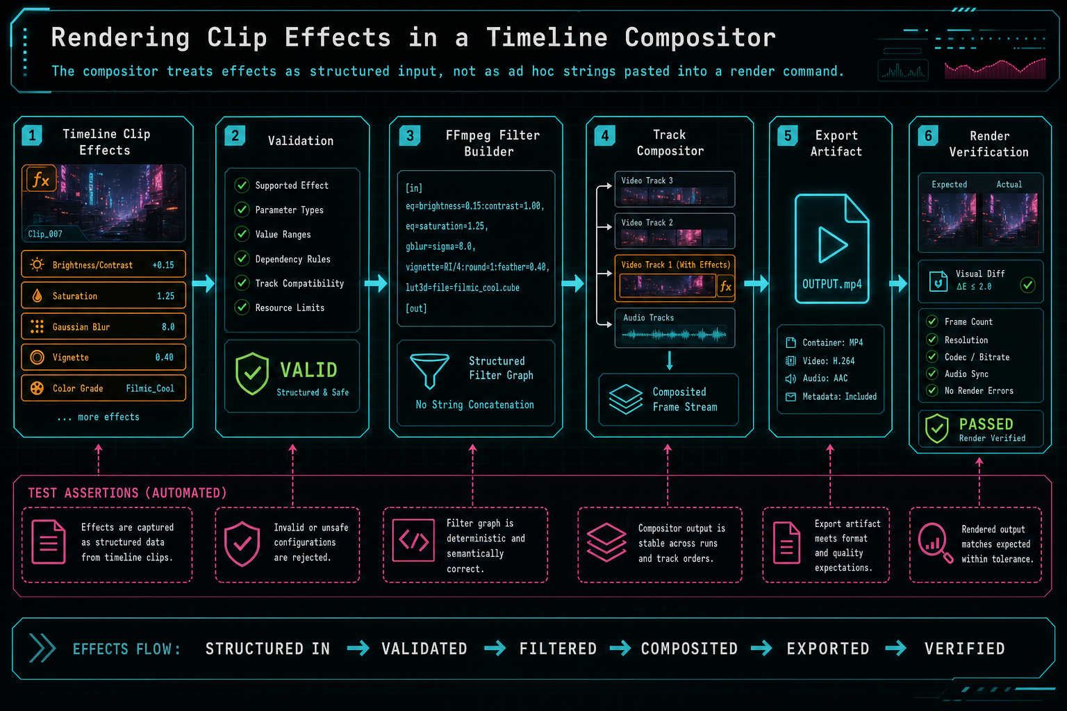 Architecture diagram showing timeline clip effect settings flowing through validation, filter generation, composition, and render verification.