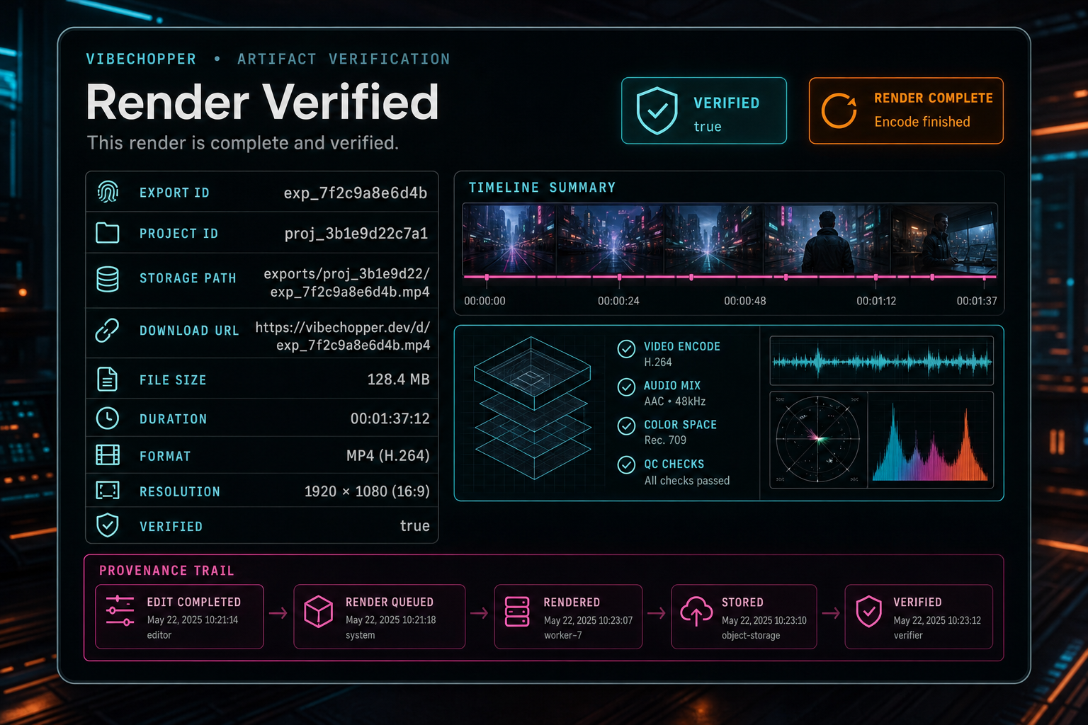 A verified render artifact card with export ID, object path, file size, duration, format, and project link.