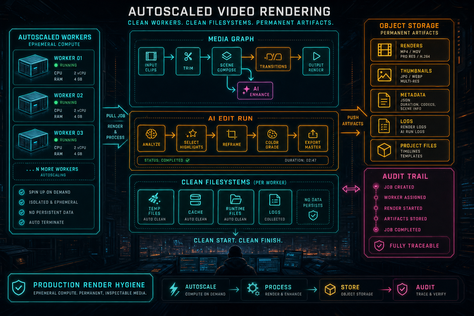 A complete autoscaled video rendering system with clean workers, object storage artifacts, and a media graph.