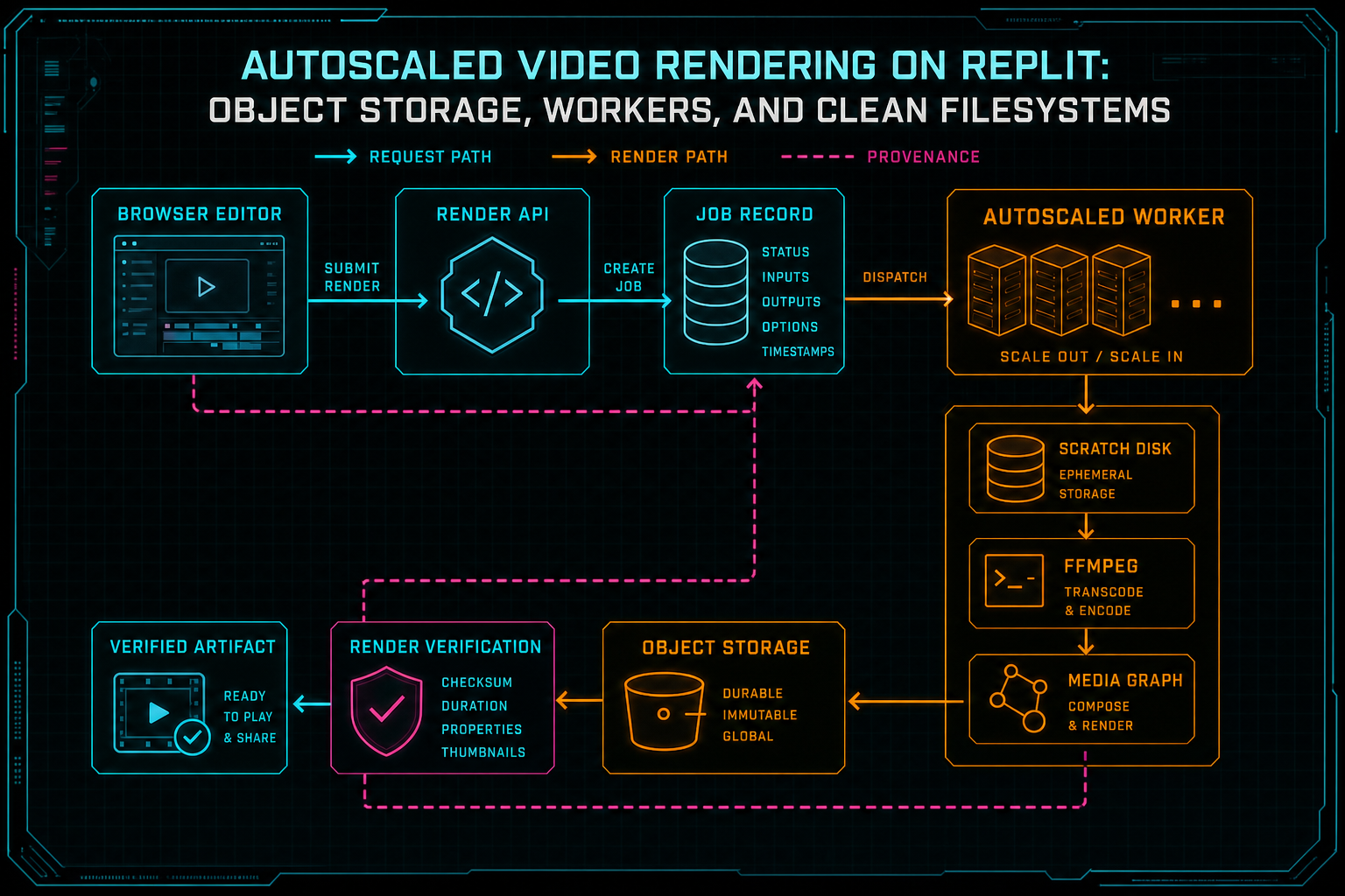 Architecture diagram showing browser editor, render API, autoscaled worker, scratch disk, object storage, and verification.