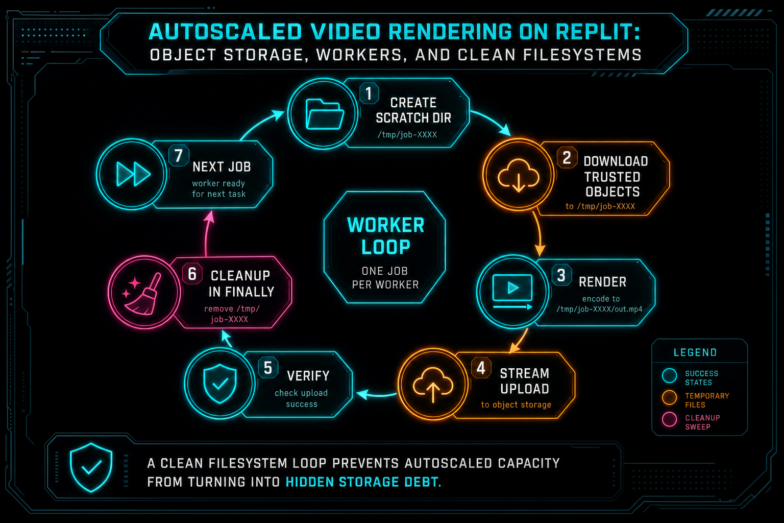 Lifecycle diagram showing render job setup, source download, encode, upload, finally cleanup, and next worker job.