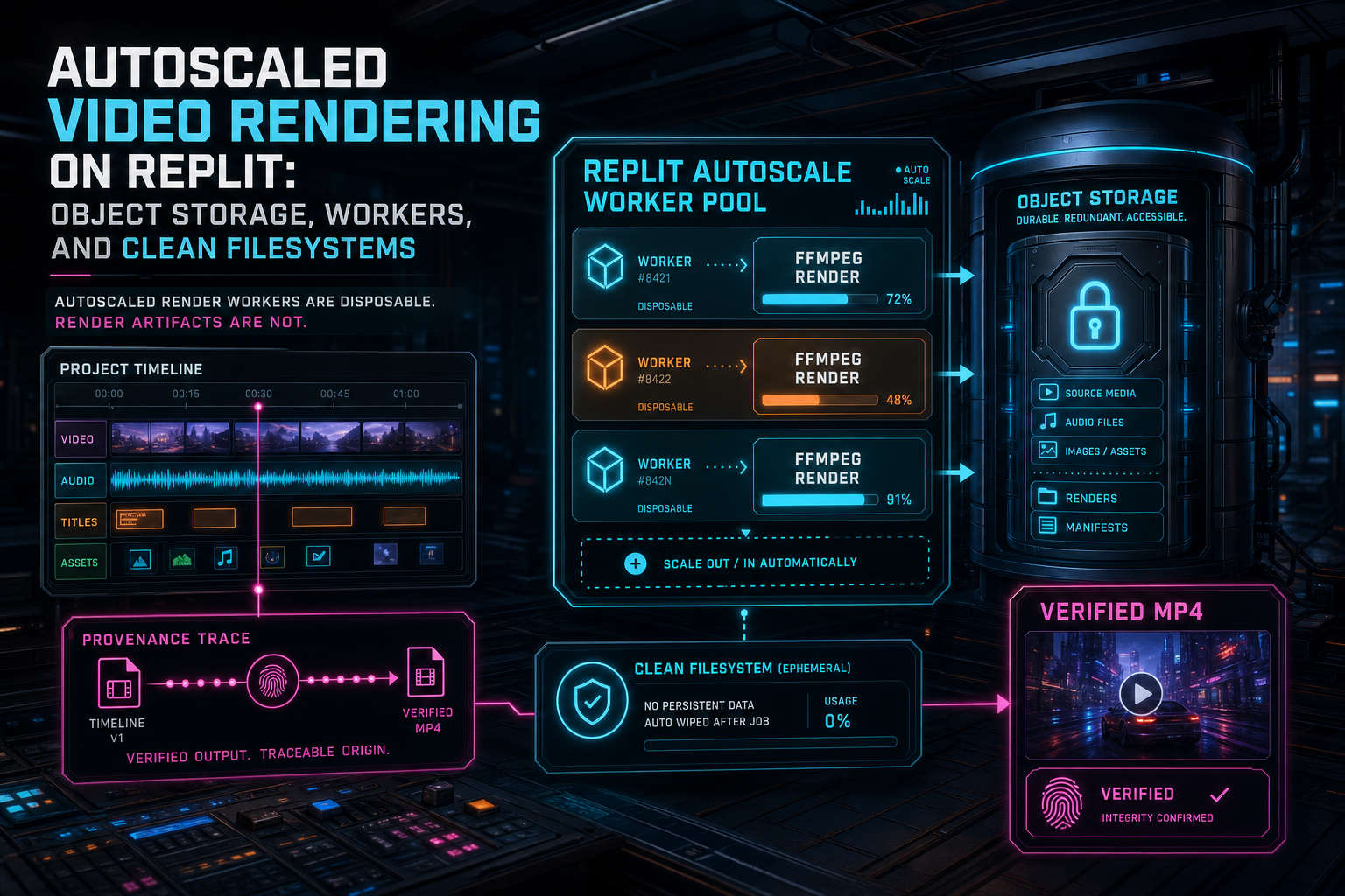 Autoscaled Replit render workers pulling project media from object storage and writing verified video artifacts.