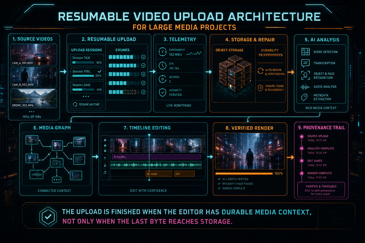 A complete large media project pipeline from local source files through resumable upload, AI analysis, editing, render, and provenance.