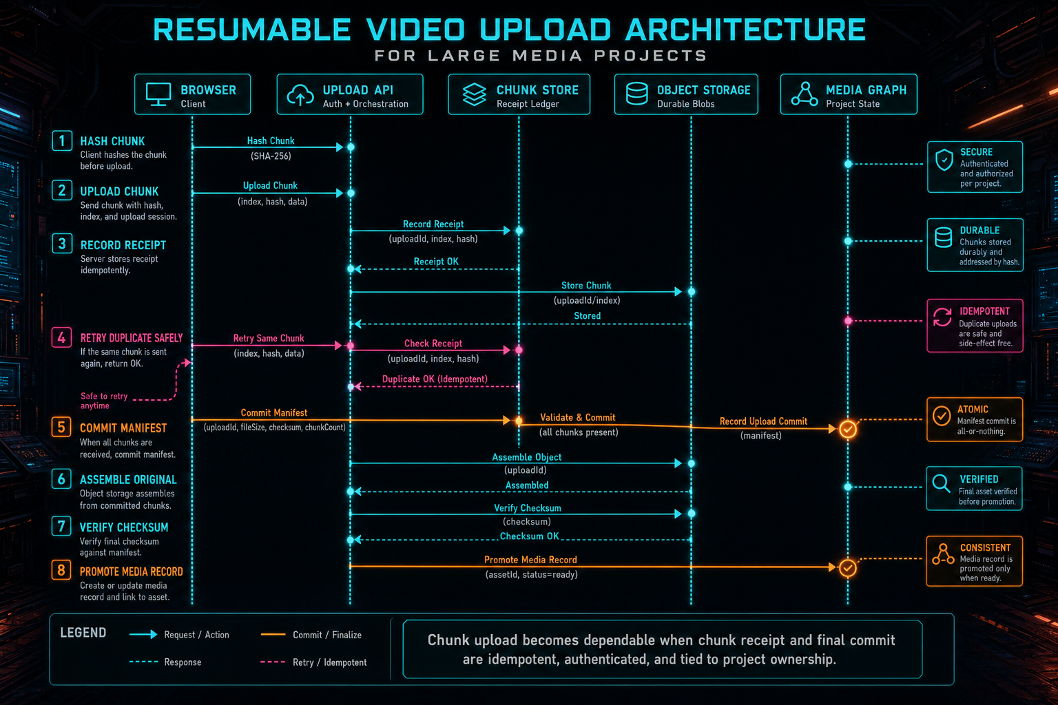 Protocol diagram showing chunk hashing, chunk upload, idempotent commit, object storage assembly, and media record promotion.