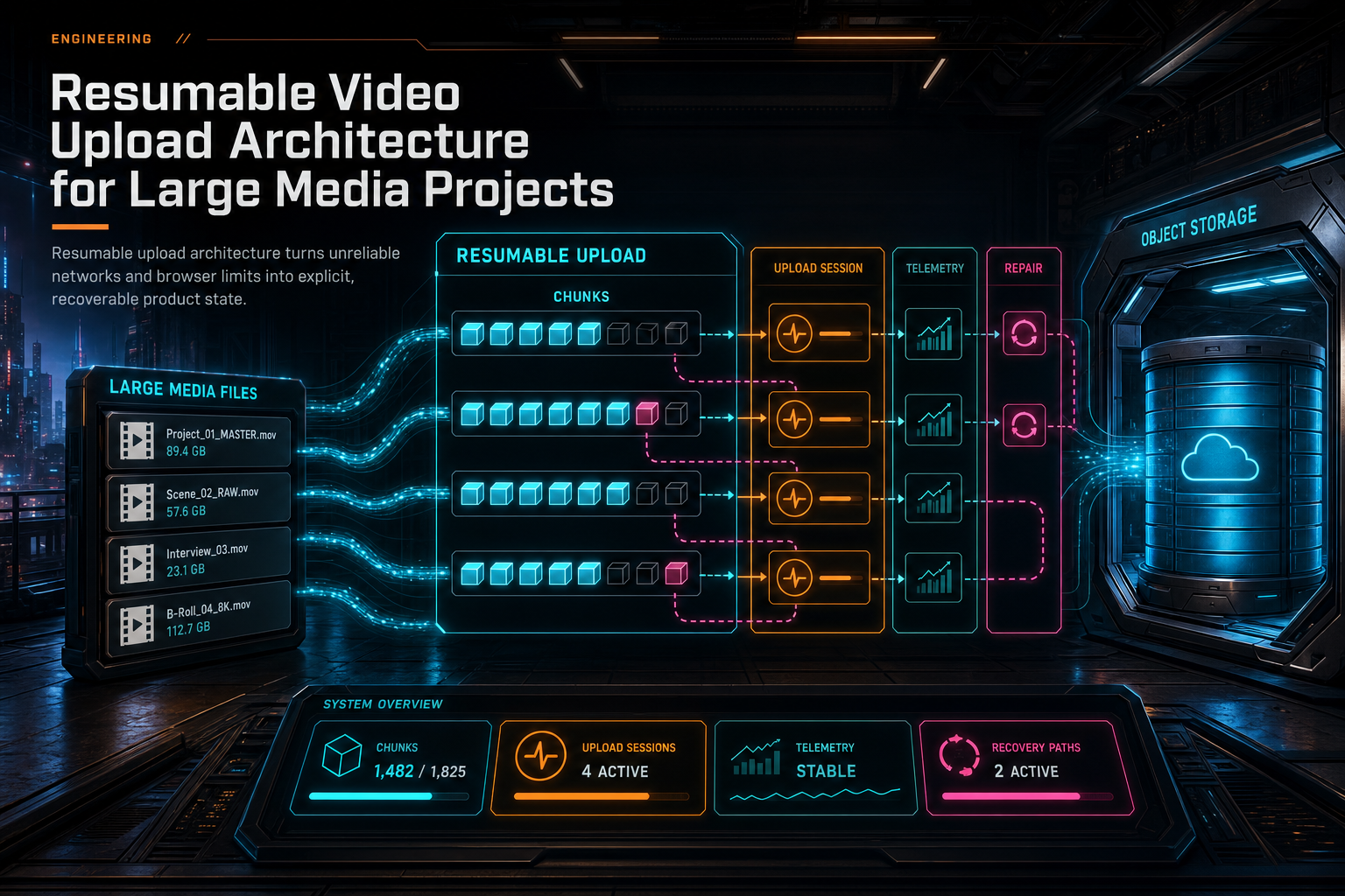 A VibeChopper engineering console showing resumable video upload lanes for large media projects.