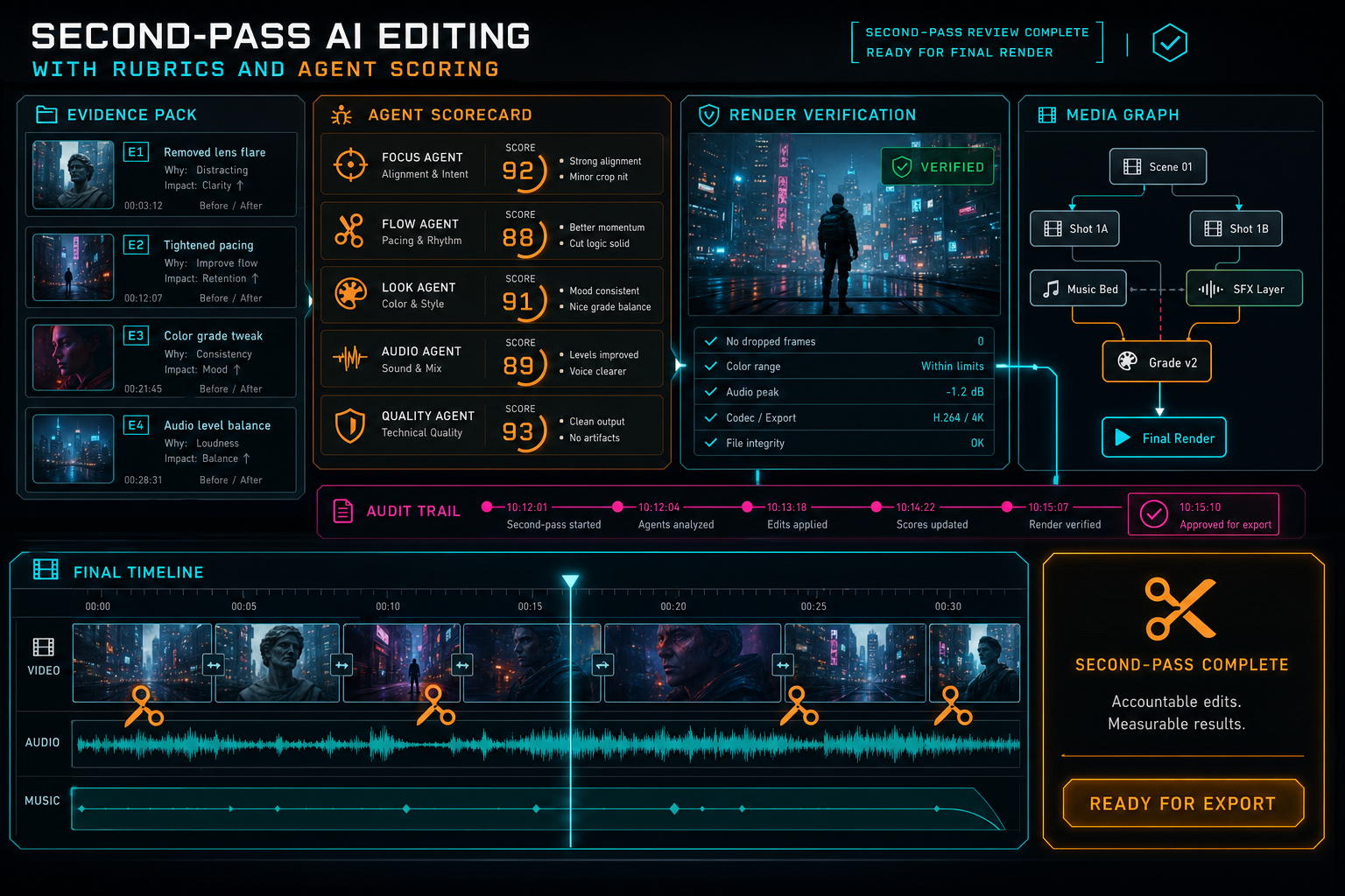 A unified VibeChopper edit lab where evidence, agent scores, render verification, and the final timeline are connected.