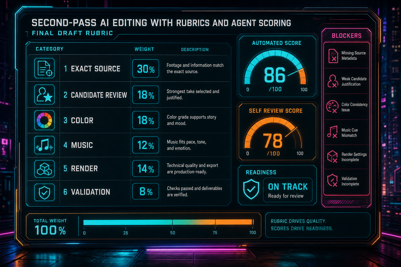 Final draft rubric showing weighted categories for exact source, candidate review, color, music, render, and validation.