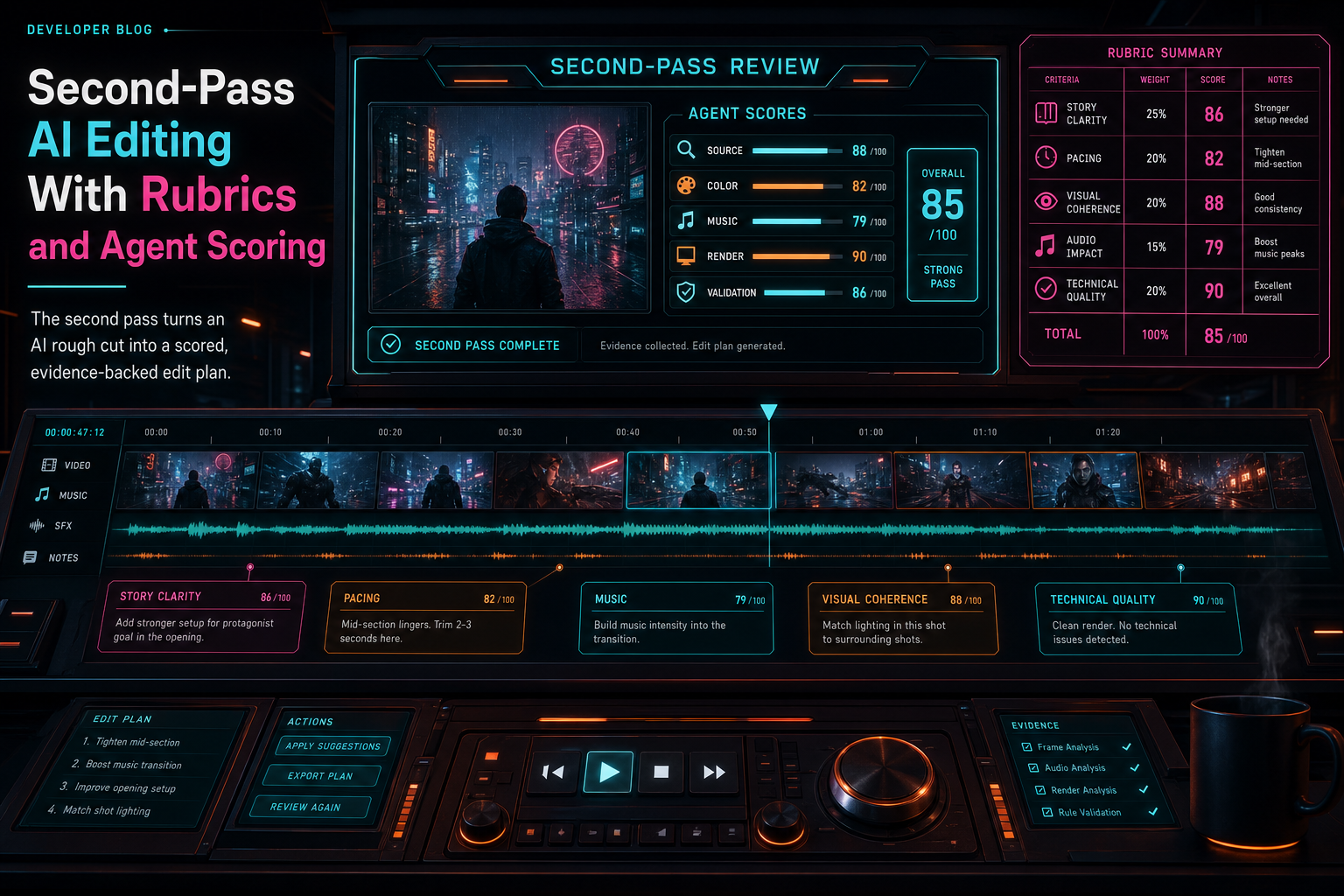 A dark VibeChopper second-pass review console scoring an AI-generated video timeline.