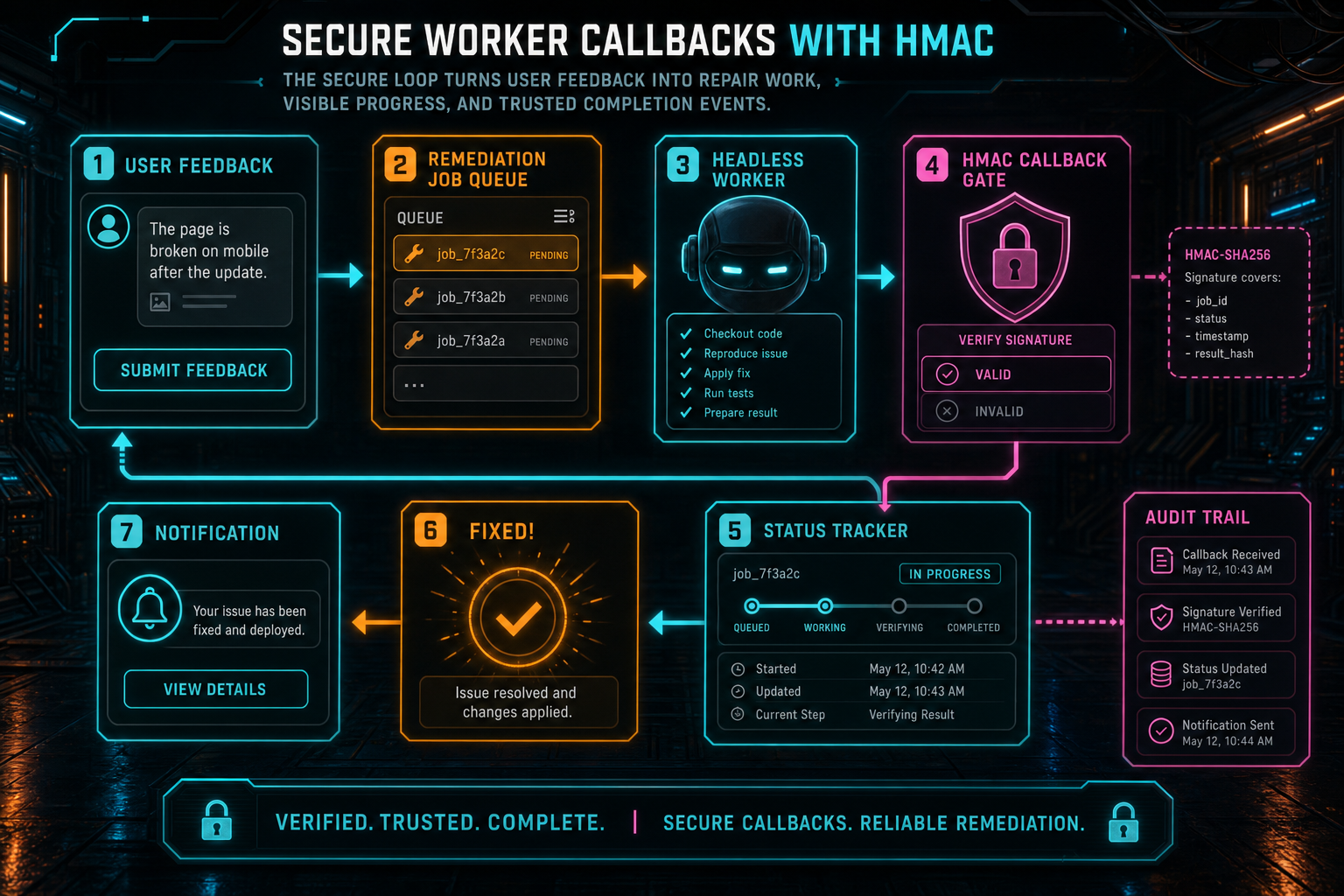 A complete secure remediation loop from user feedback to signed worker callbacks to status tracking and notification.