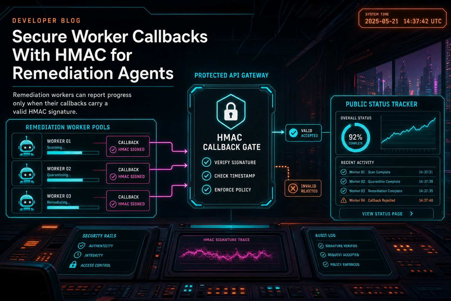 A dark VibeChopper remediation control room showing signed worker callbacks entering a protected API gateway.