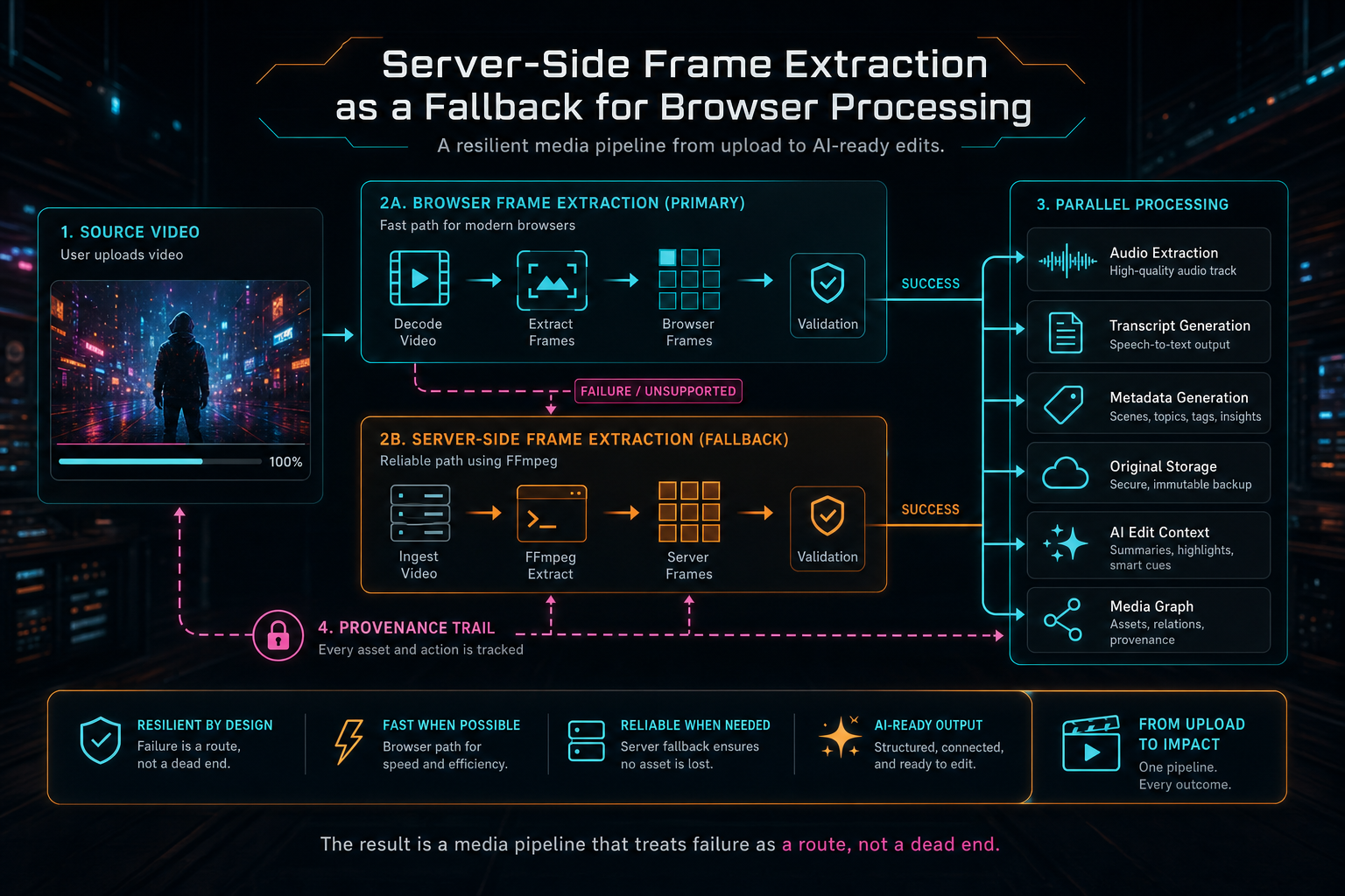 A complete resilient VibeChopper media pipeline from upload through frame extraction, transcript processing, metadata generation, and AI editing.