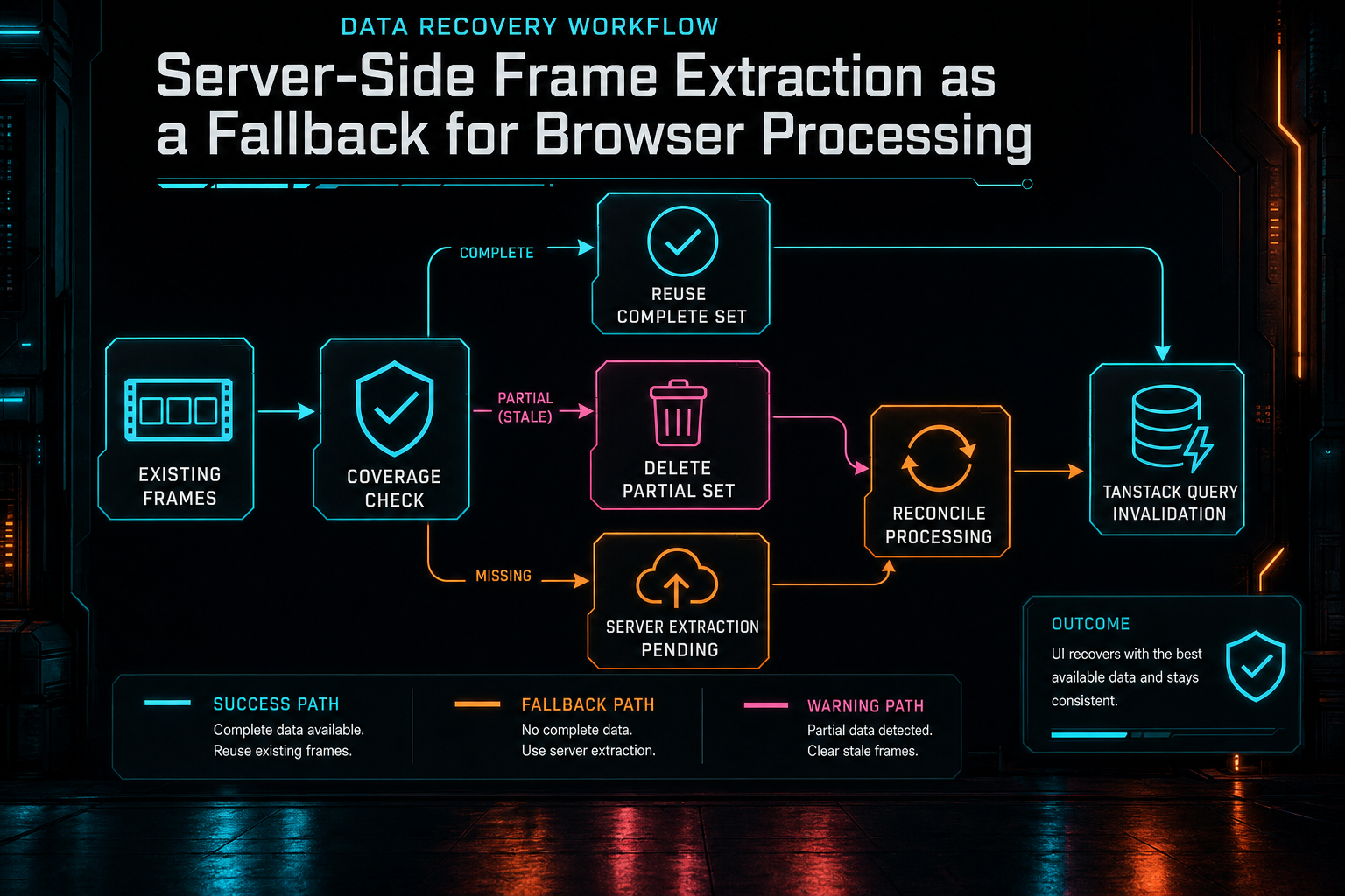State recovery diagram showing existing frames reuse, stale partial frames deletion, pending server repair, and query invalidation.