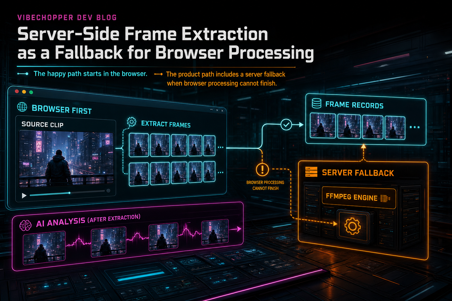 A VibeChopper processing console showing browser frame extraction handing off to server-side FFmpeg fallback.