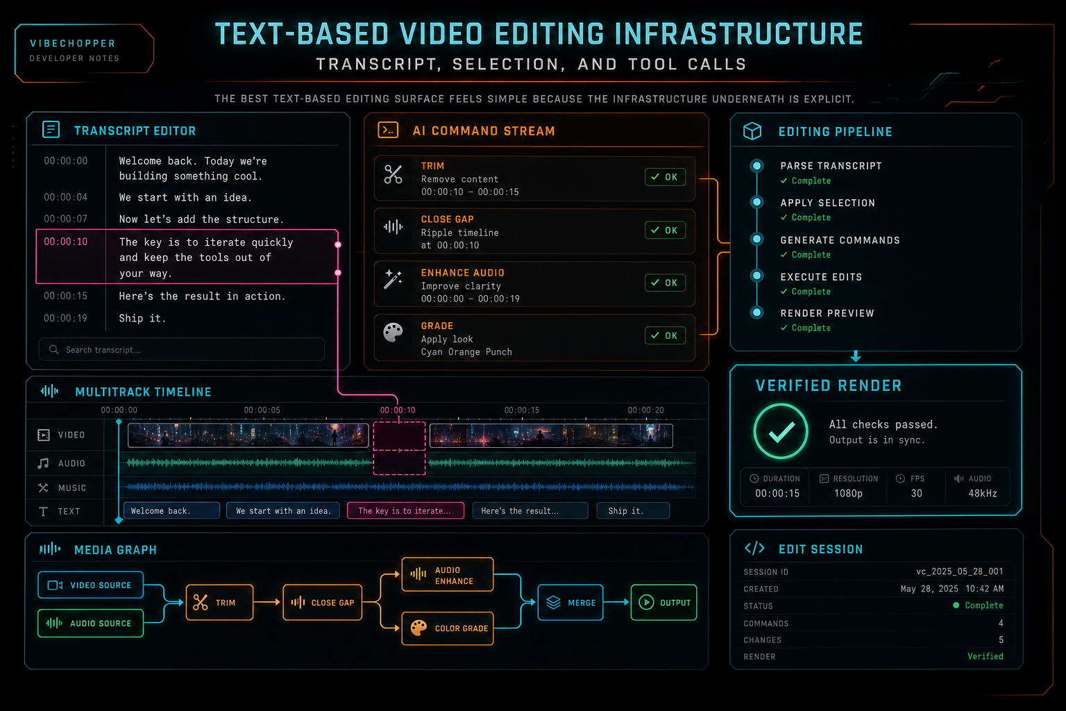 A finished VibeChopper text editing console with transcript, AI command stream, timeline, and verified render status.