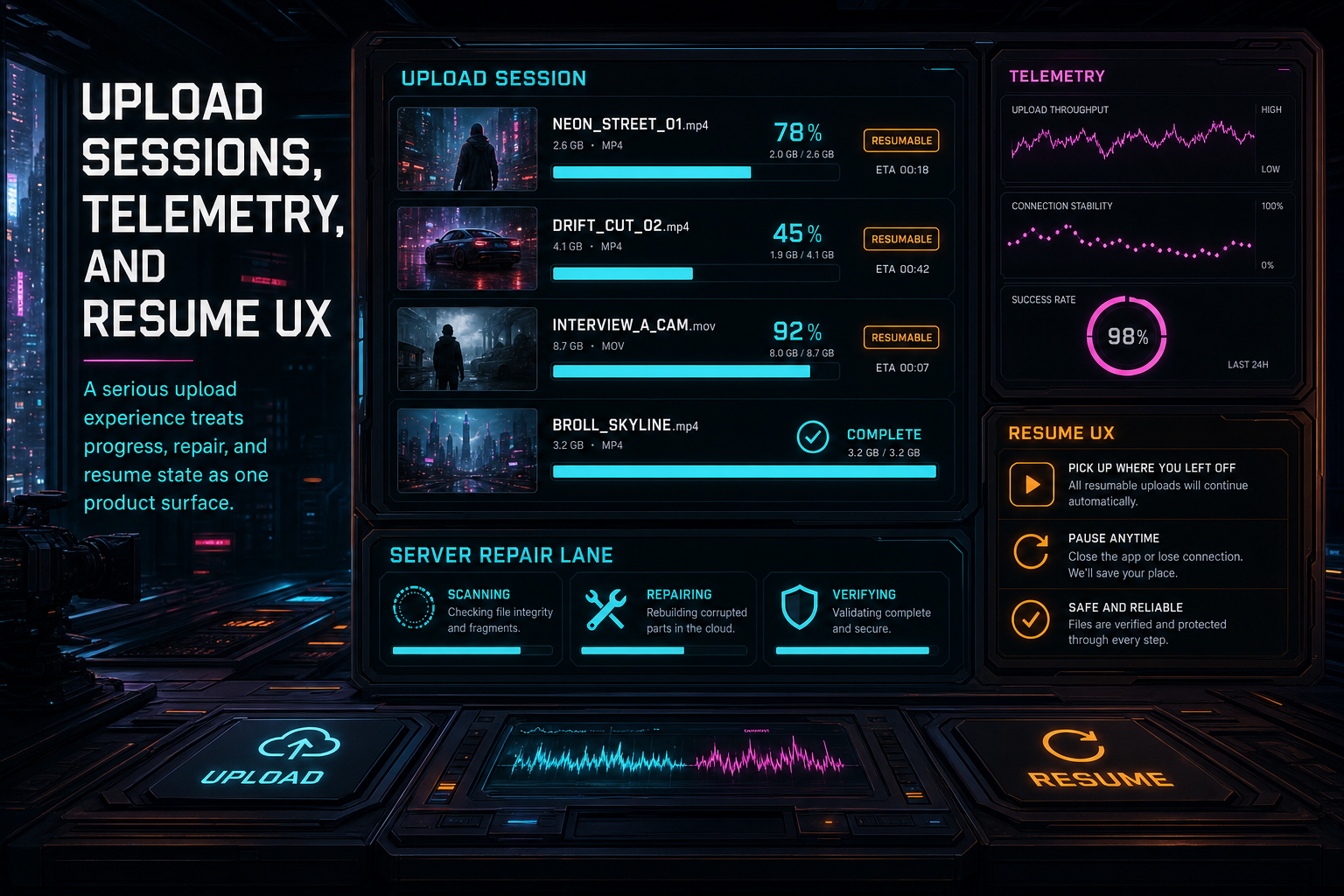 A VibeChopper upload monitor command center showing active video uploads, telemetry, resumable files, and server repair lanes.