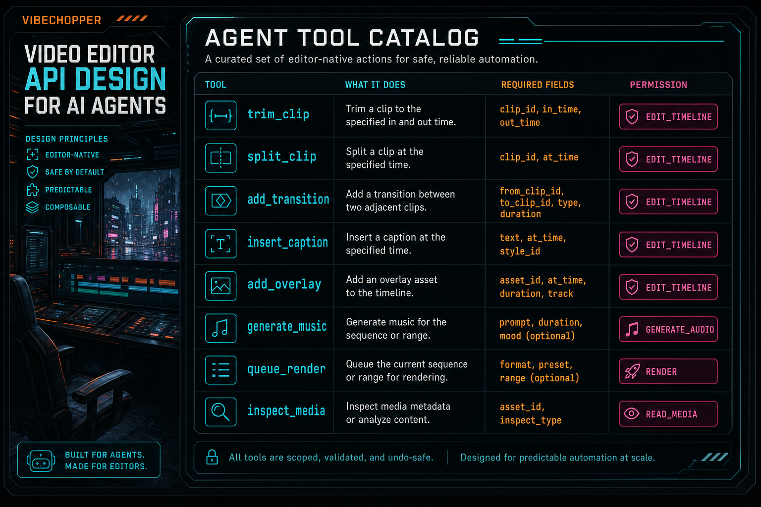 A tool catalog callout listing safe AI agent actions for a video editor.
