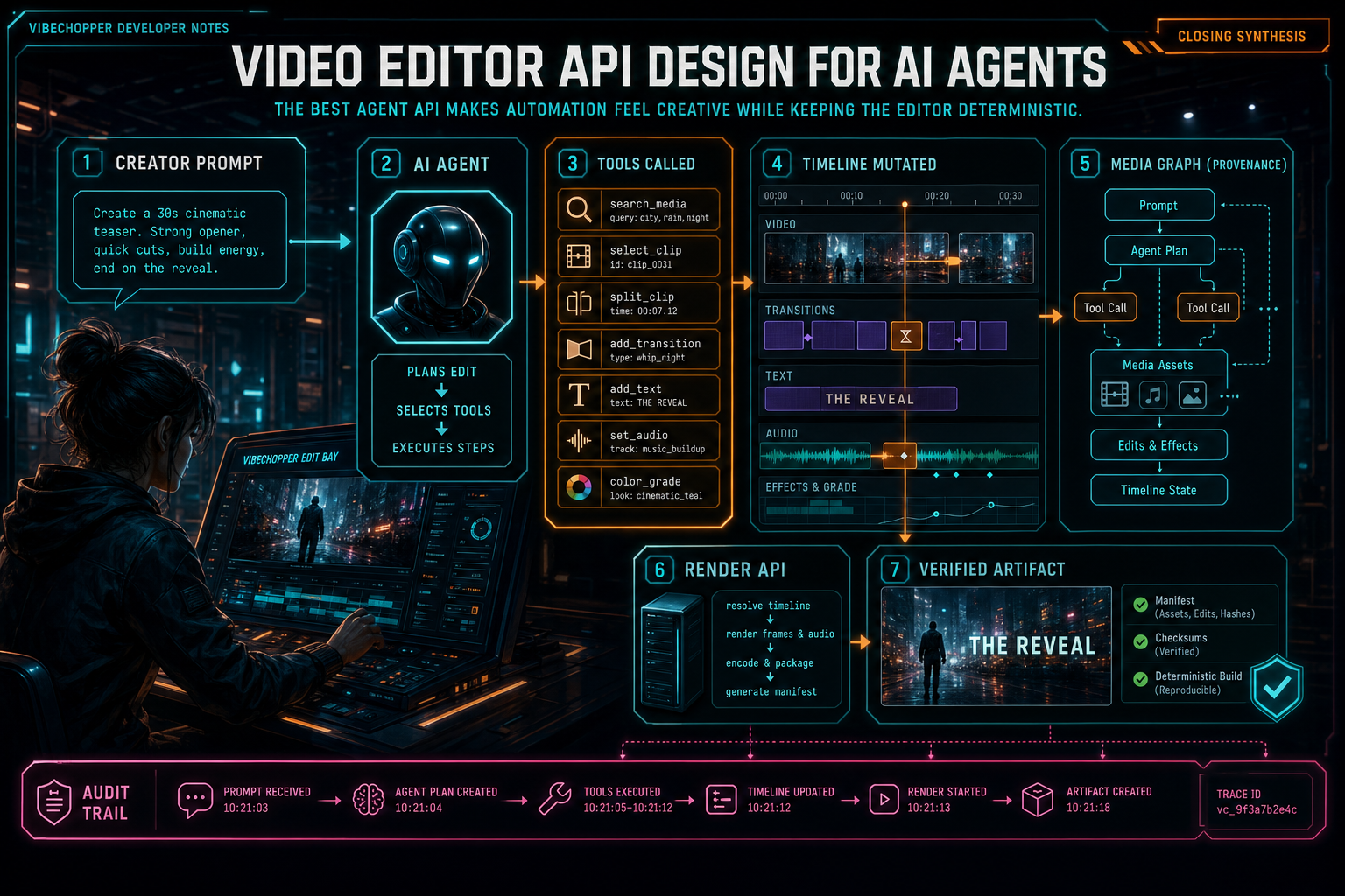 A complete VibeChopper agent editing pipeline from prompt to timeline tools, media graph, render, and verified artifact.