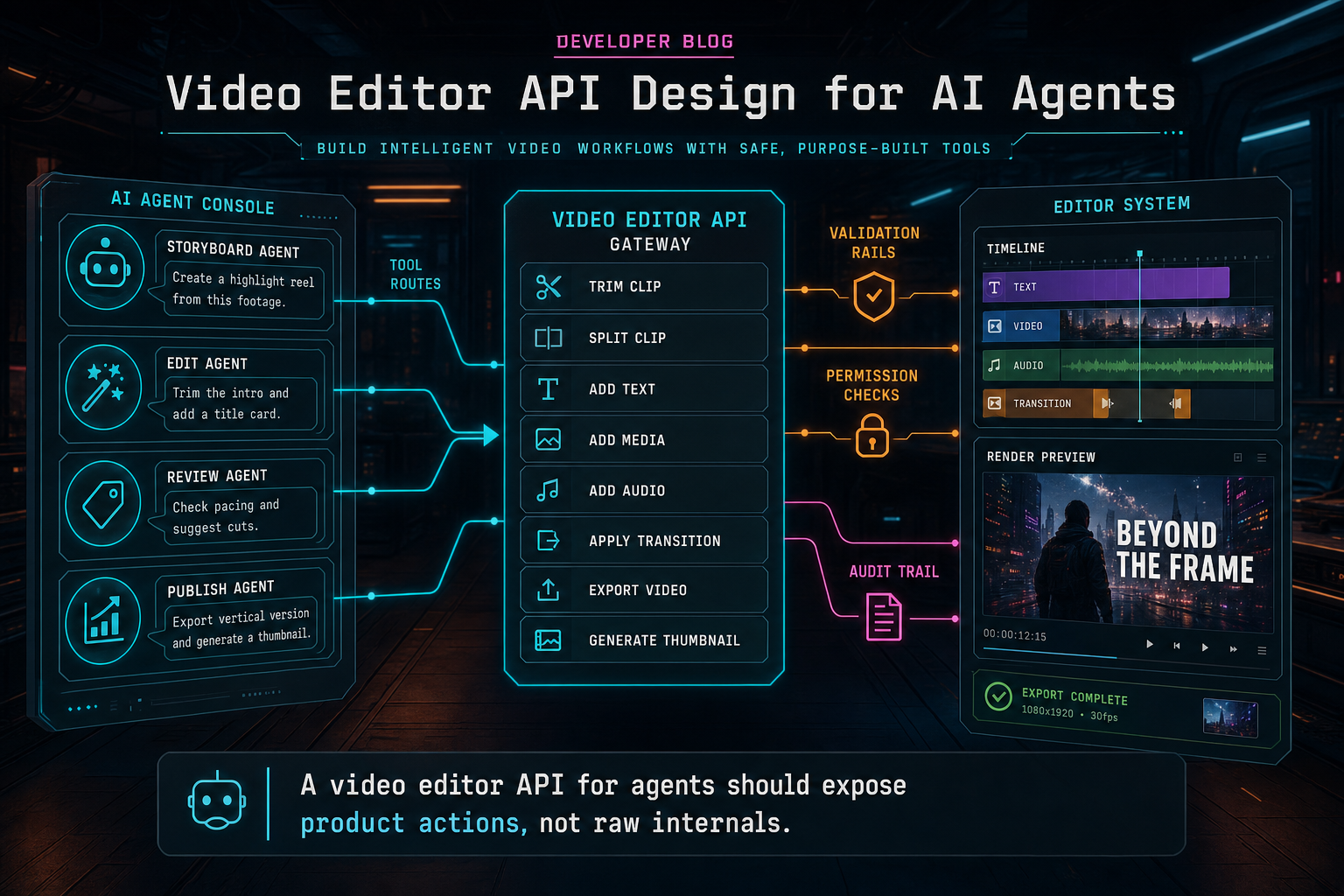 A dark VibeChopper developer console showing AI agents calling safe video editor API tools.