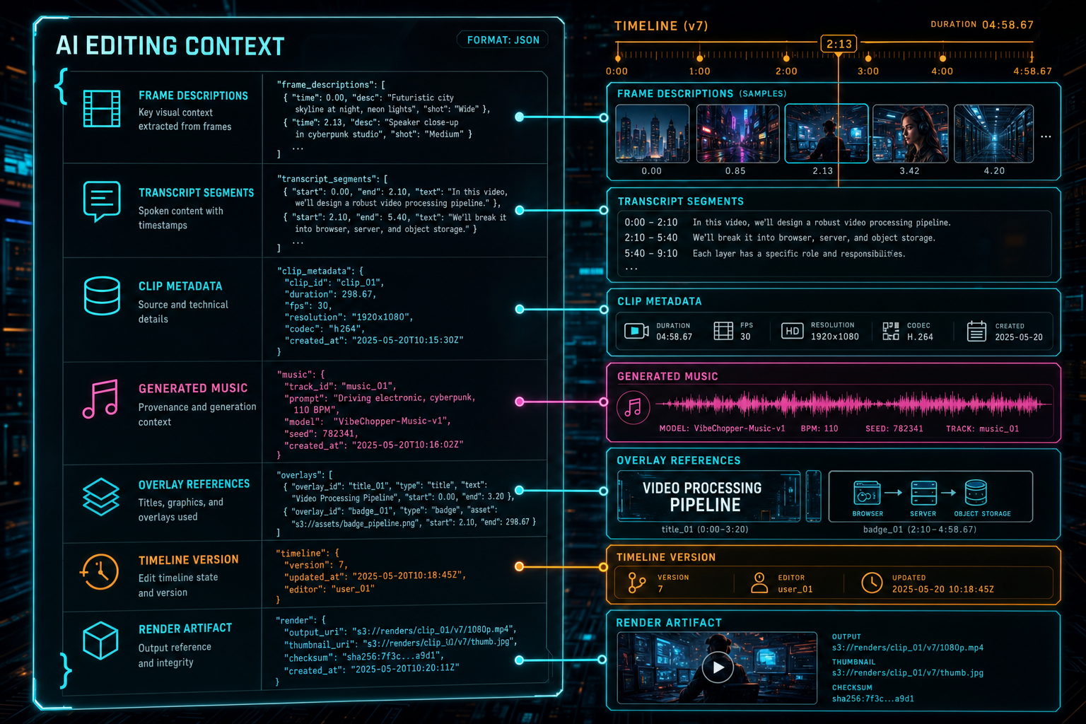 A technical callout showing how frames, transcript segments, metadata, and generated assets become AI editing context.