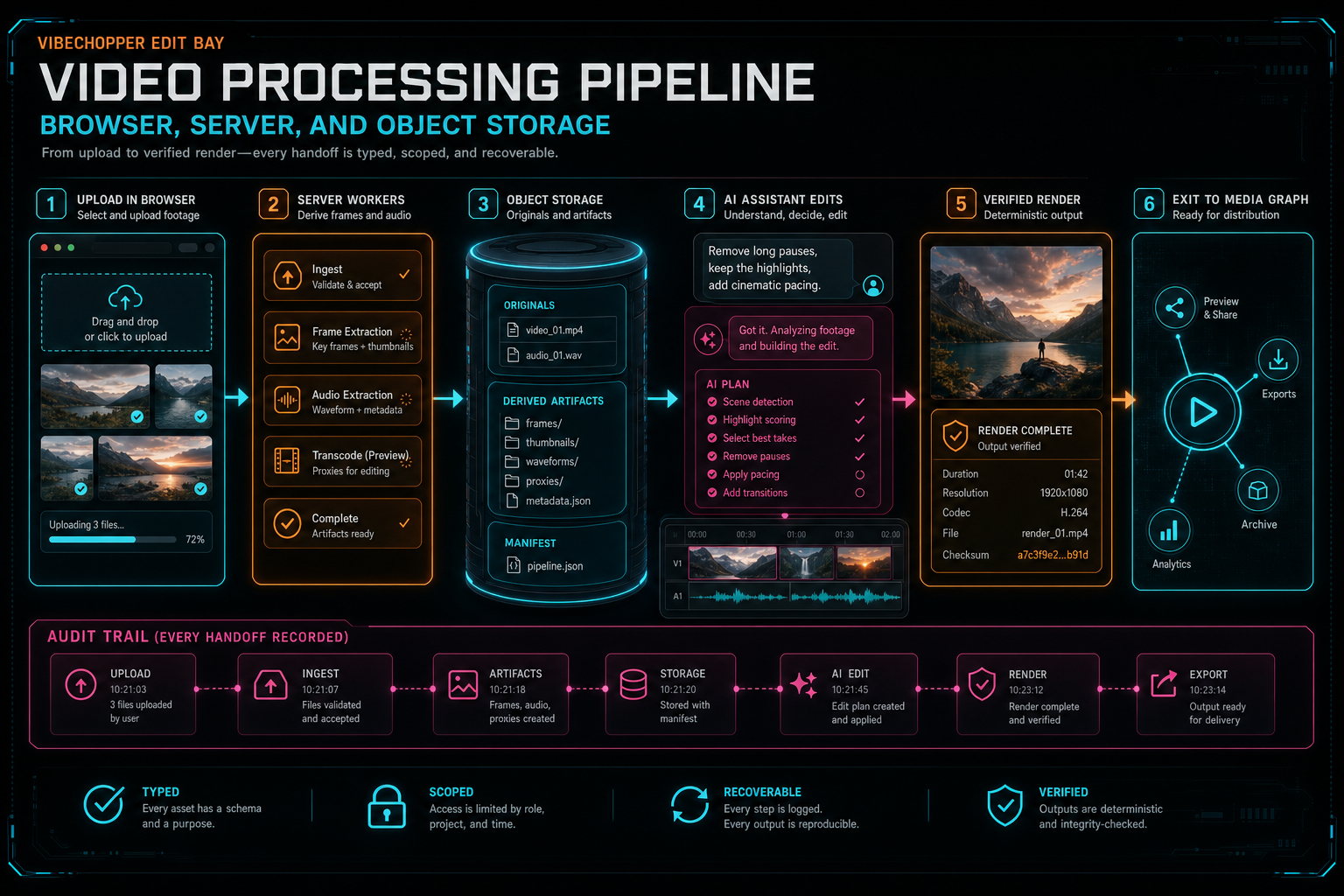 A complete VibeChopper media pipeline from upload through AI editing and verified render output.